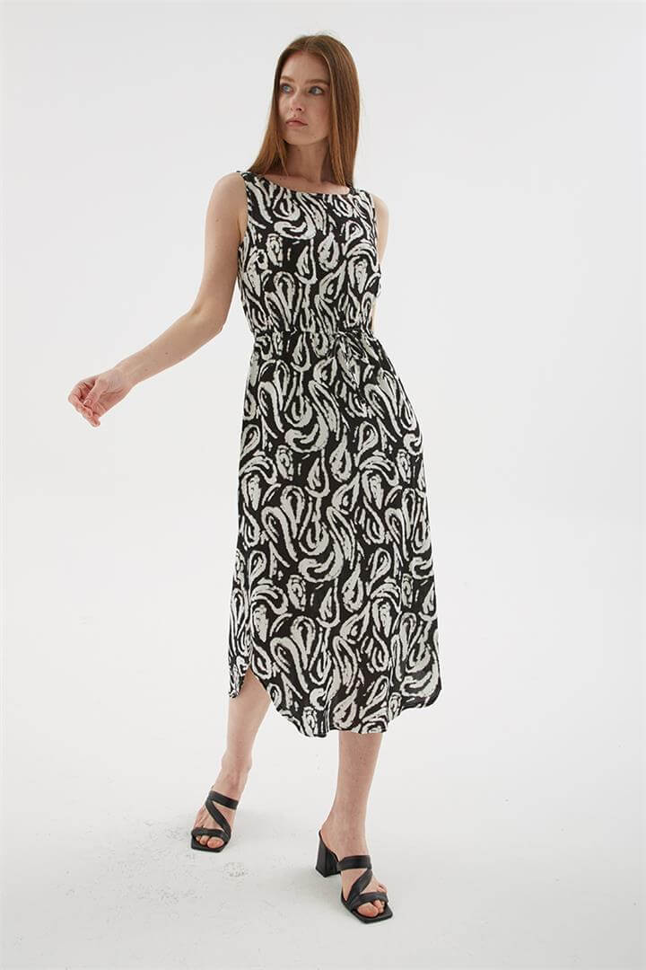 Desenli Viskon Elbise Siyah | Fashion Friends