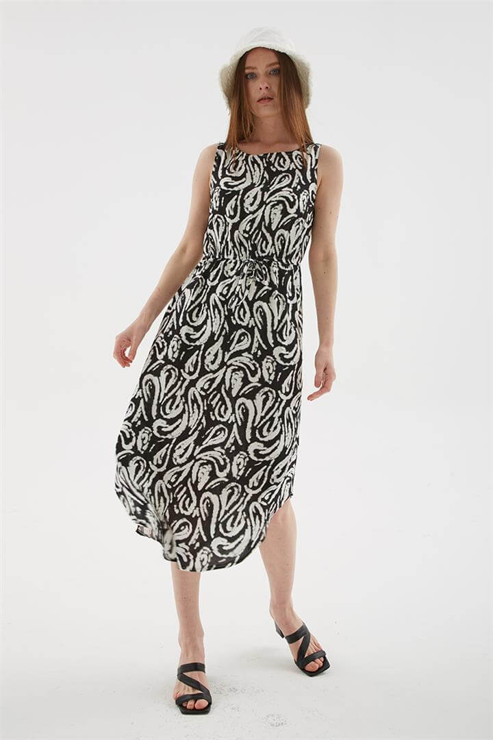 Desenli Viskon Elbise Siyah | Fashion Friends
