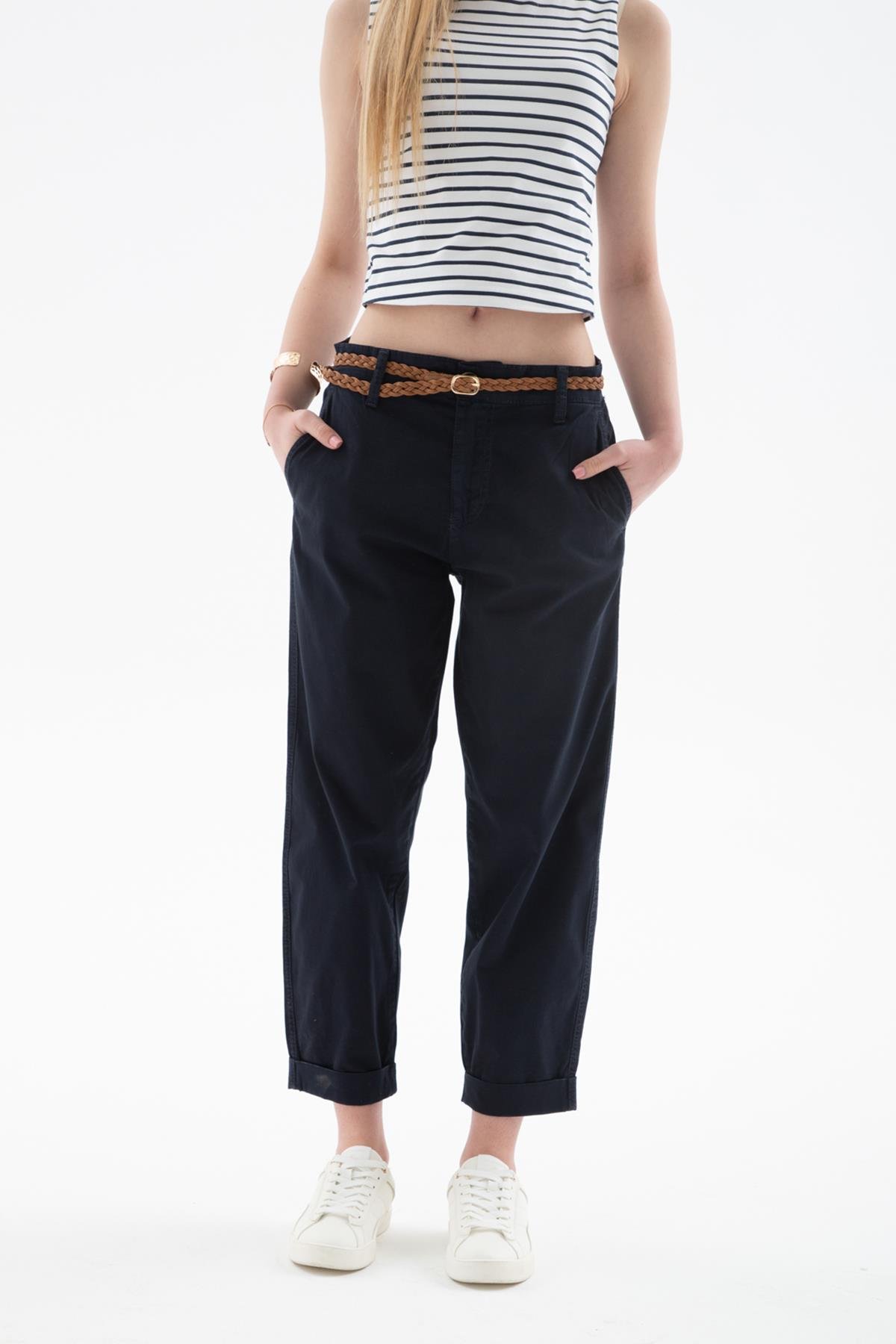 Esnek Kemerli Pantolon Lacivert | Fashion Friends
