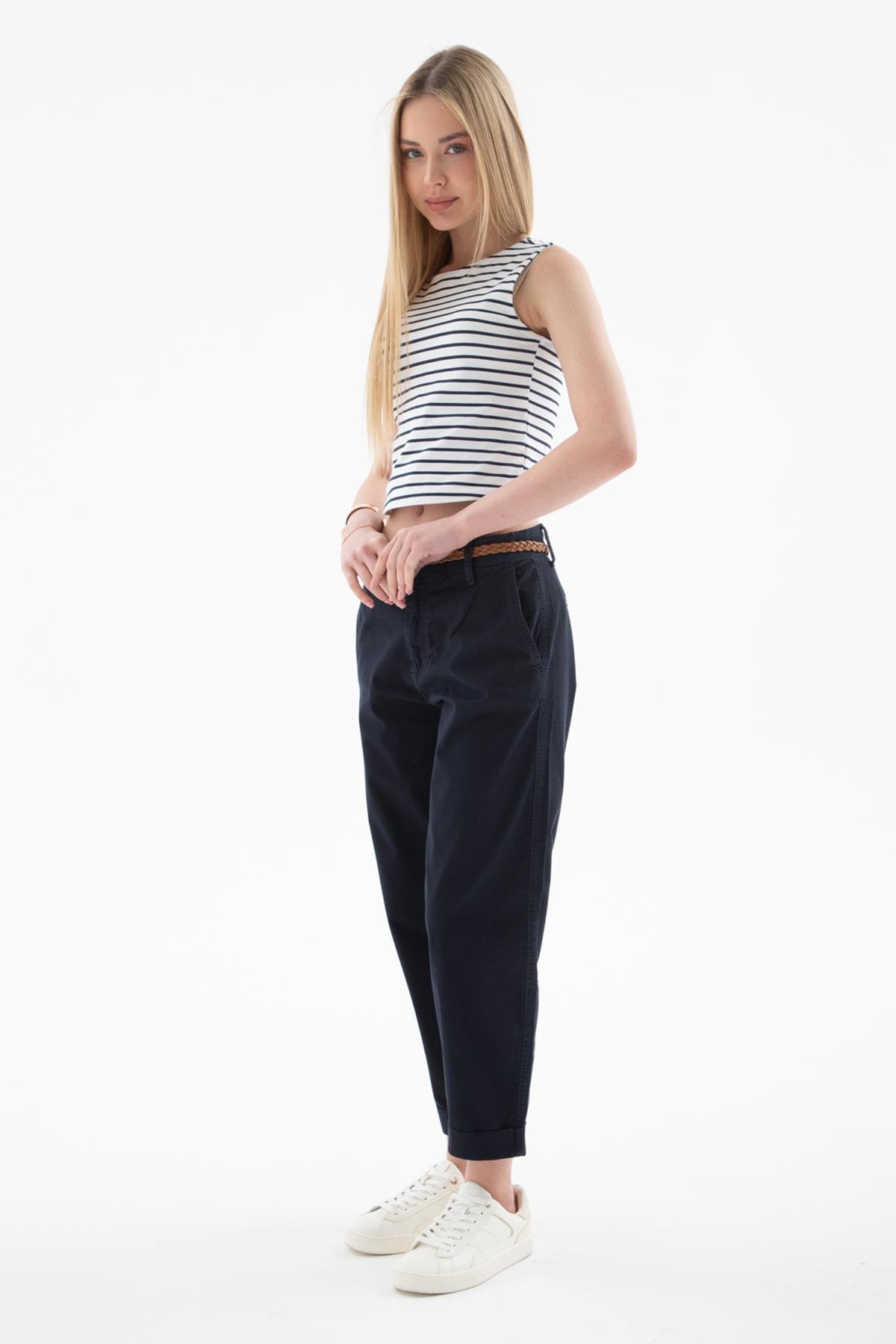 Esnek Kemerli Pantolon Lacivert | Fashion Friends