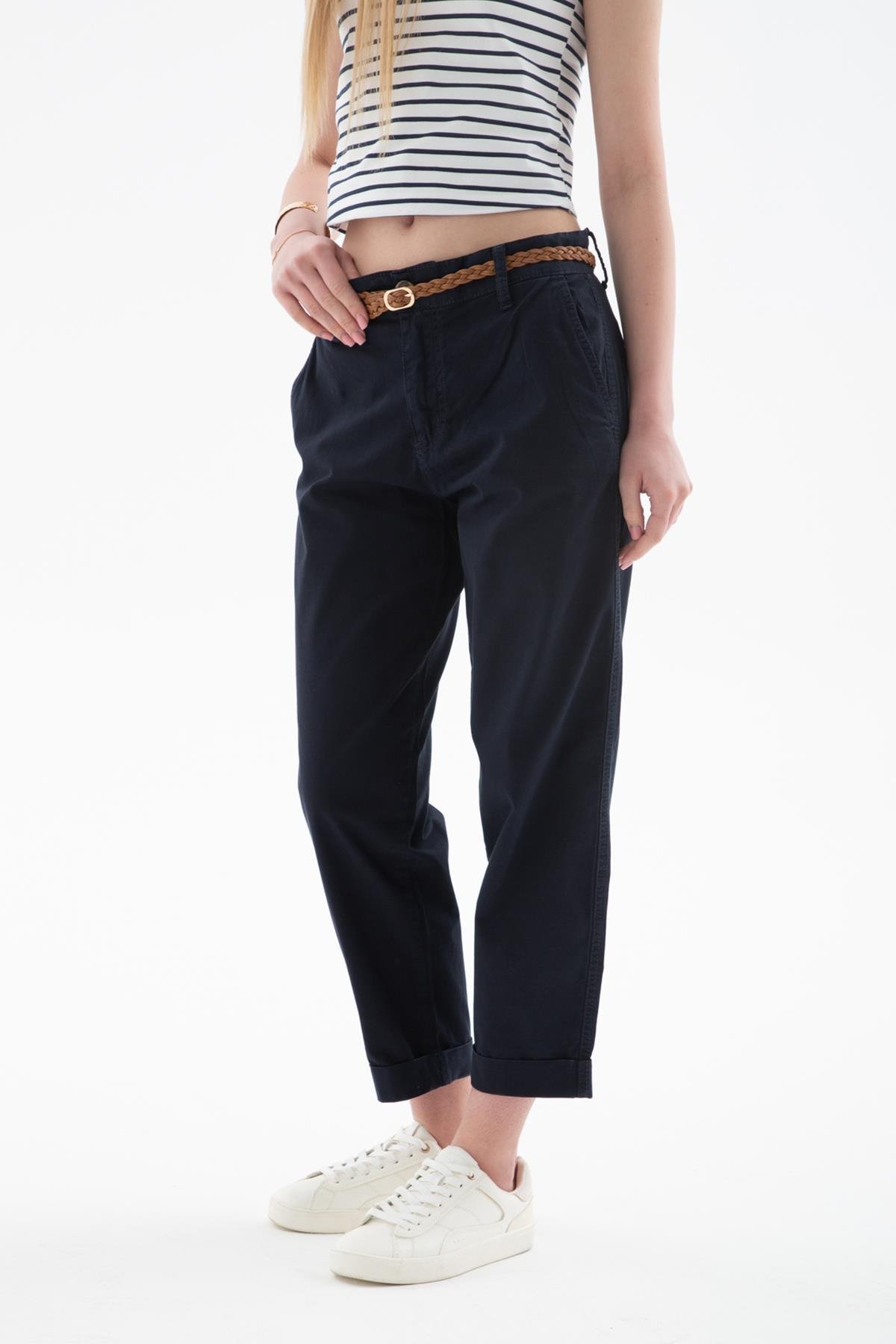 Esnek Kemerli Pantolon Lacivert | Fashion Friends