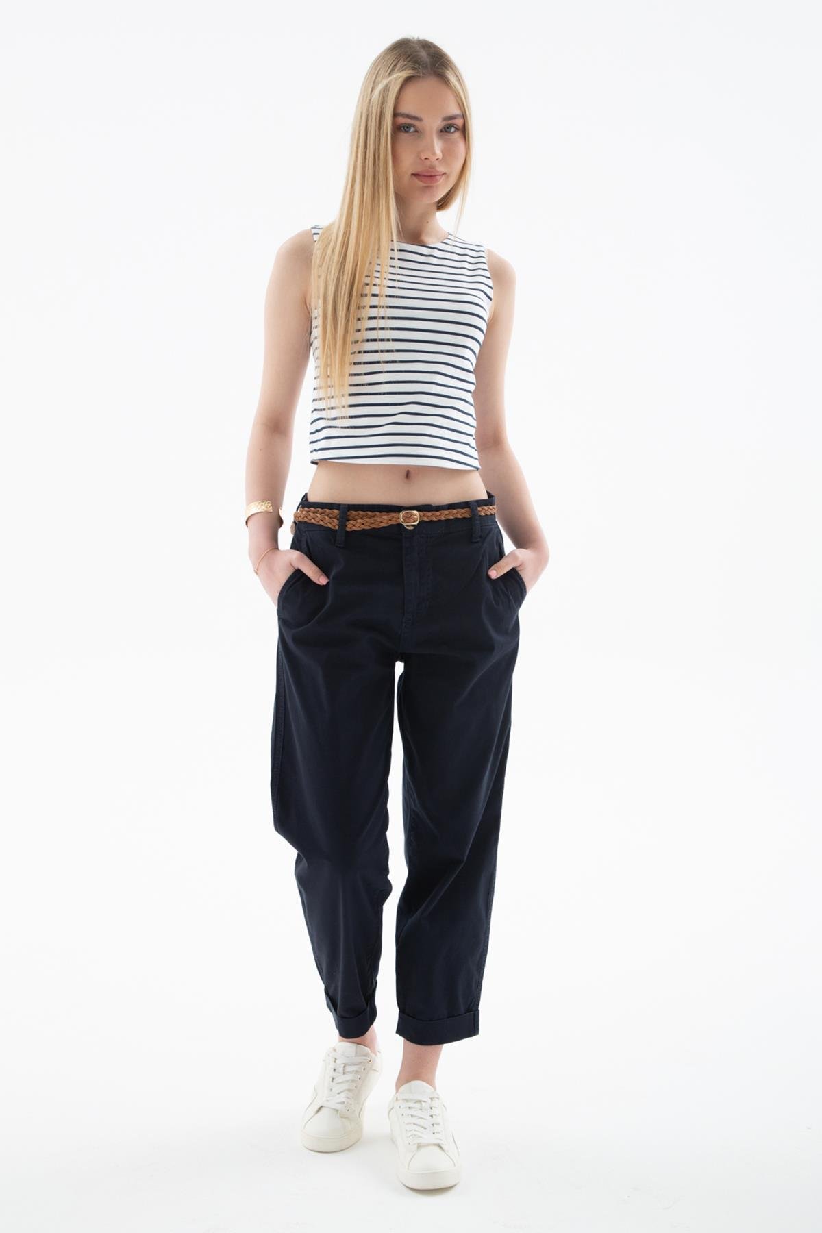 Esnek Kemerli Pantolon Lacivert | Fashion Friends