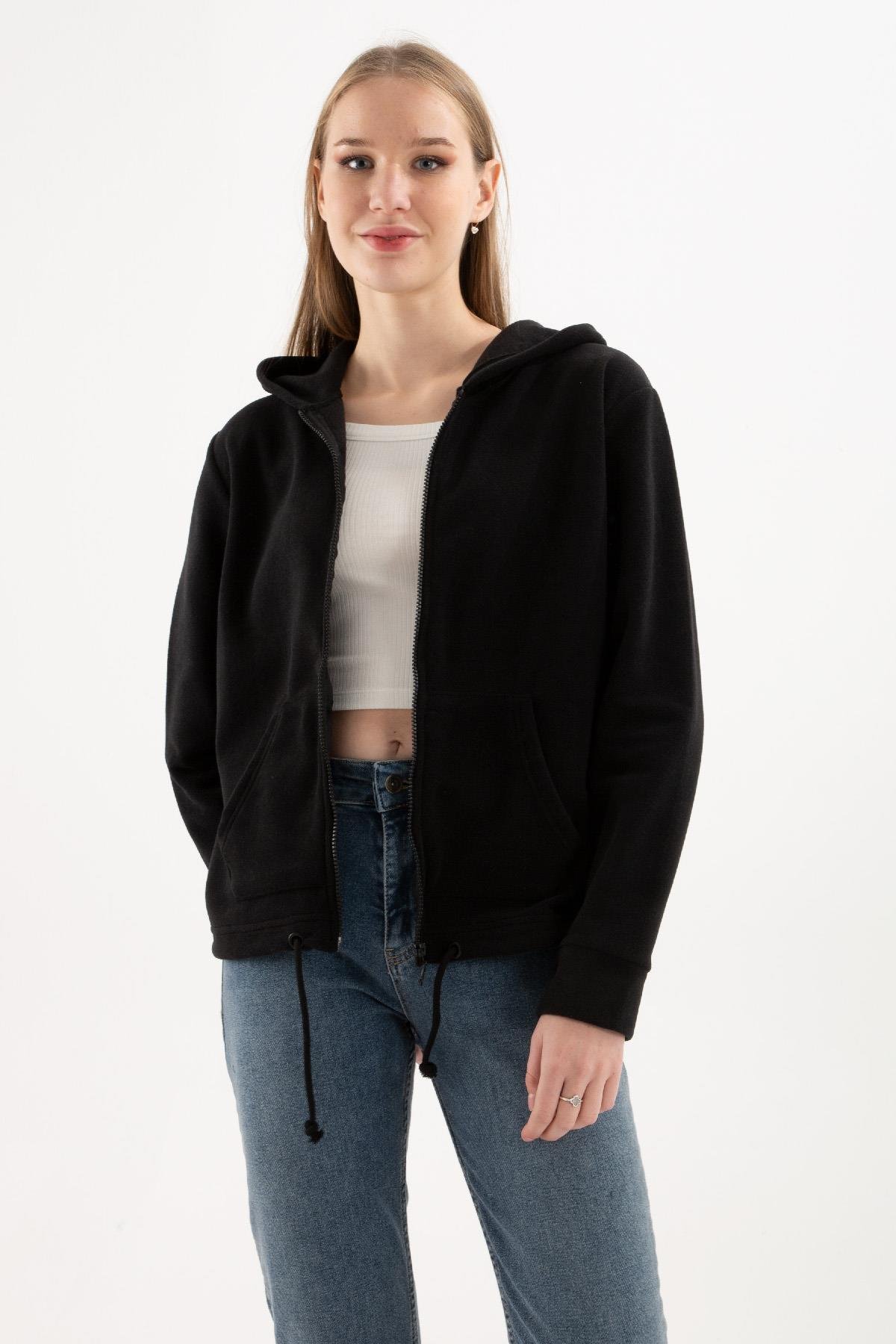 Fermuarlı Polar Sweat Siyah | Fashion Friends