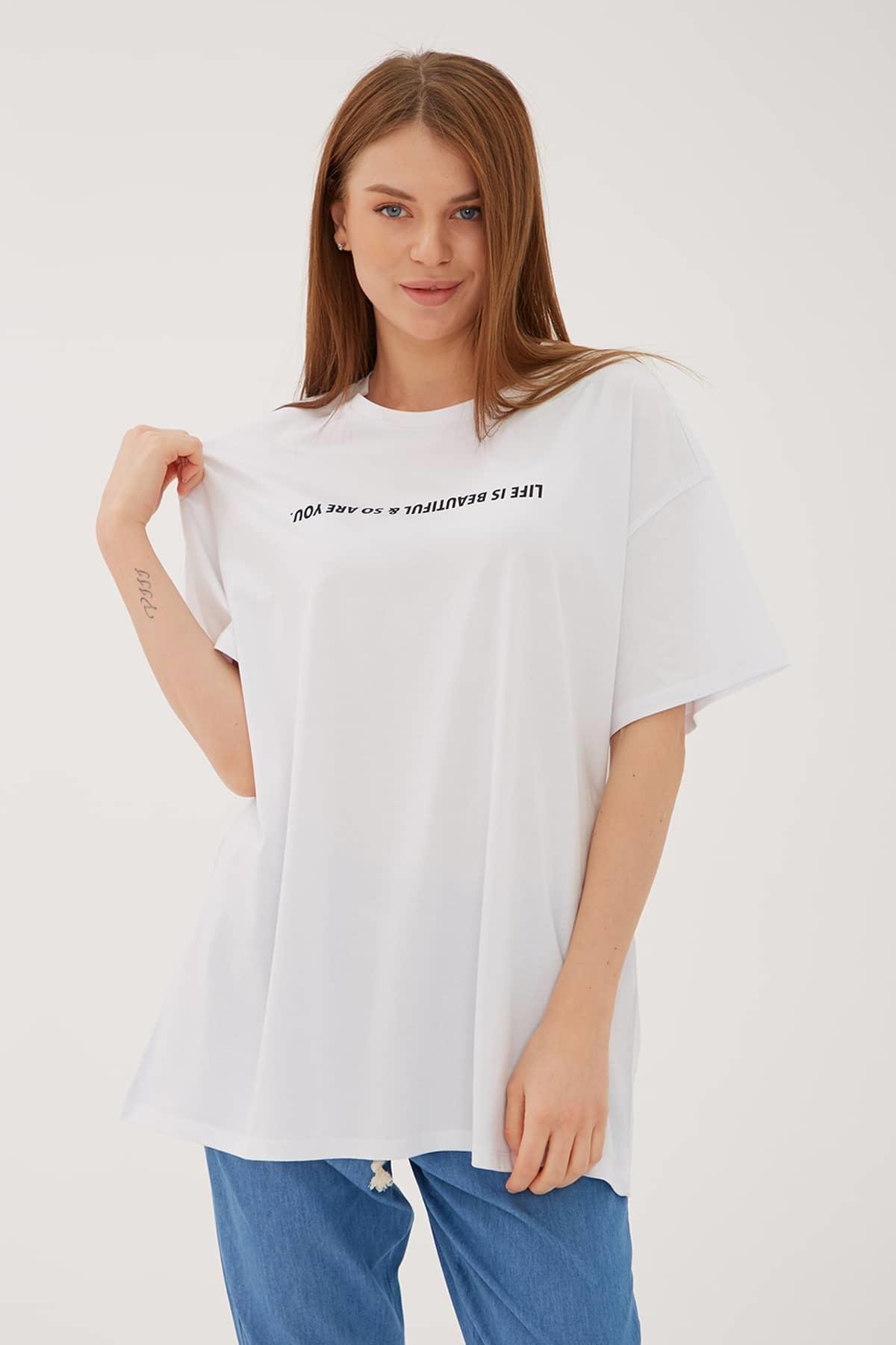 Oversize Baskılı T-Shirt Beyaz / White | Fashion Friends