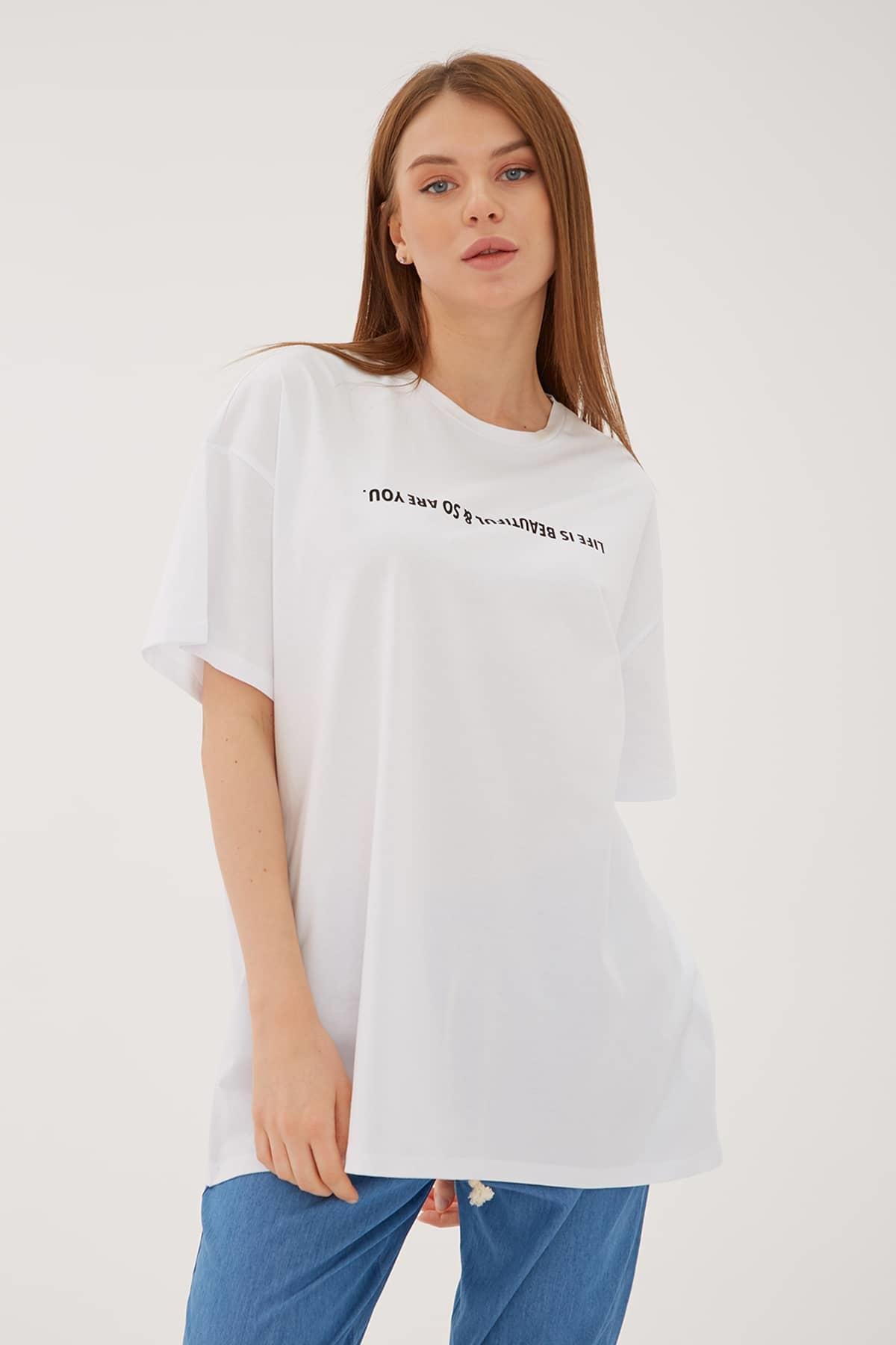 Oversize Baskılı T-Shirt Beyaz / White | Fashion Friends