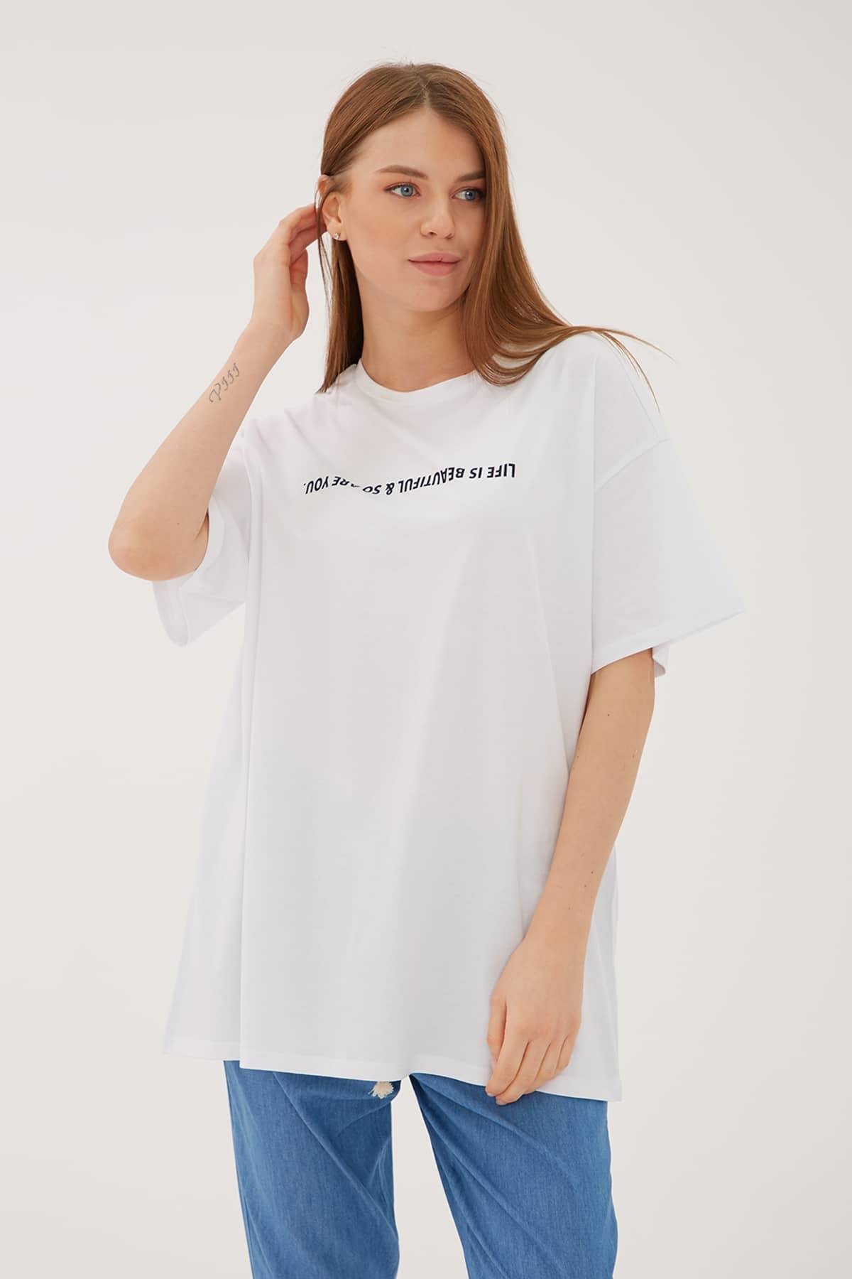 Oversize Baskılı T-Shirt Beyaz / White | Fashion Friends