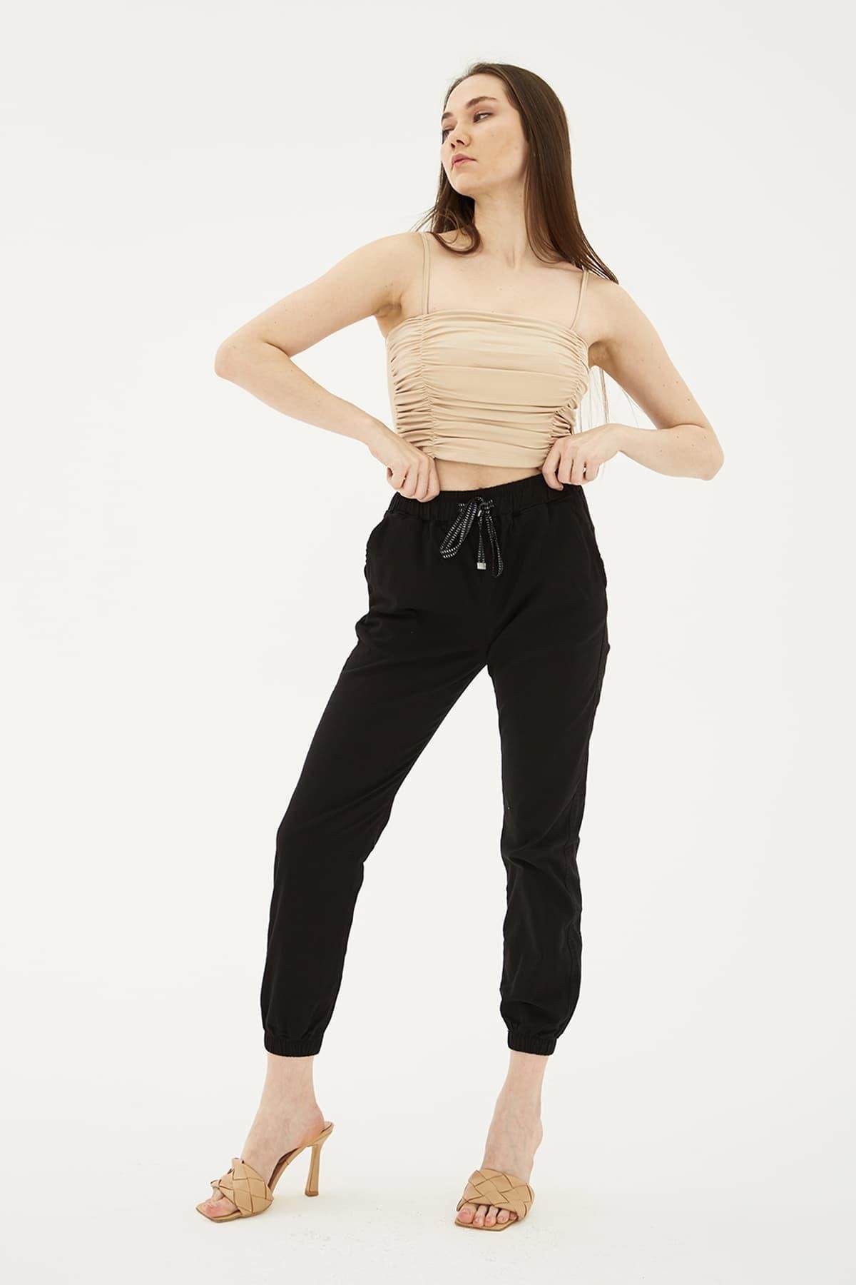 Paçası ve Beli Lastikli Pantolon Siyah | Fashion Friends