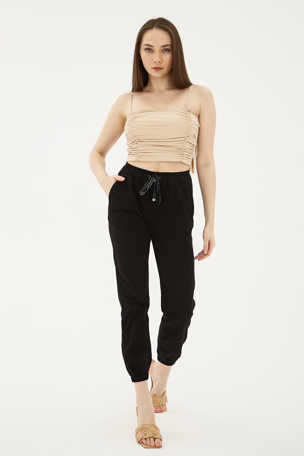 Paçası ve Beli Lastikli Pantolon Siyah | Fashion Friends