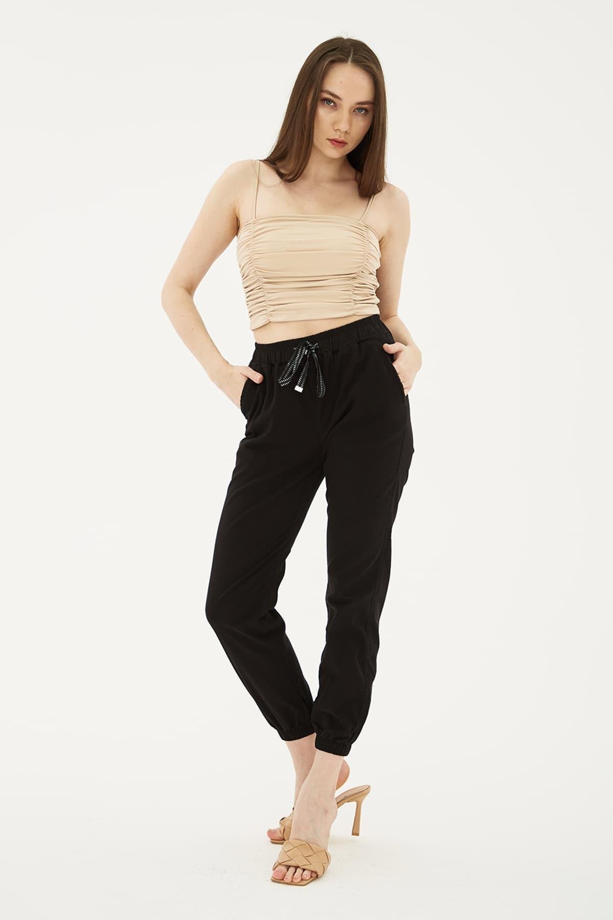 Paçası ve Beli Lastikli Pantolon Siyah | Fashion Friends