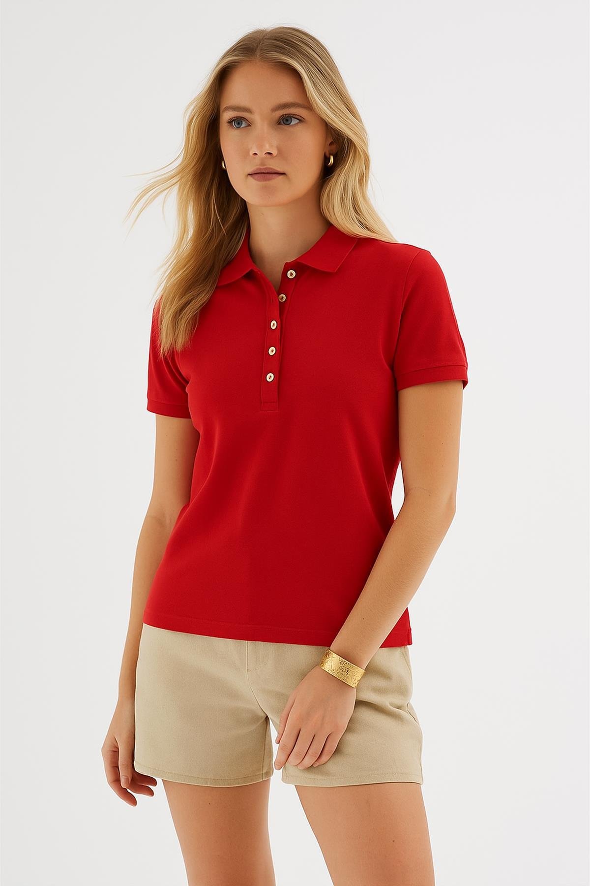 Polo Yaka Kısa Kollu Esnek Pamuklu Tişört Kırmızı | Fashion Friends