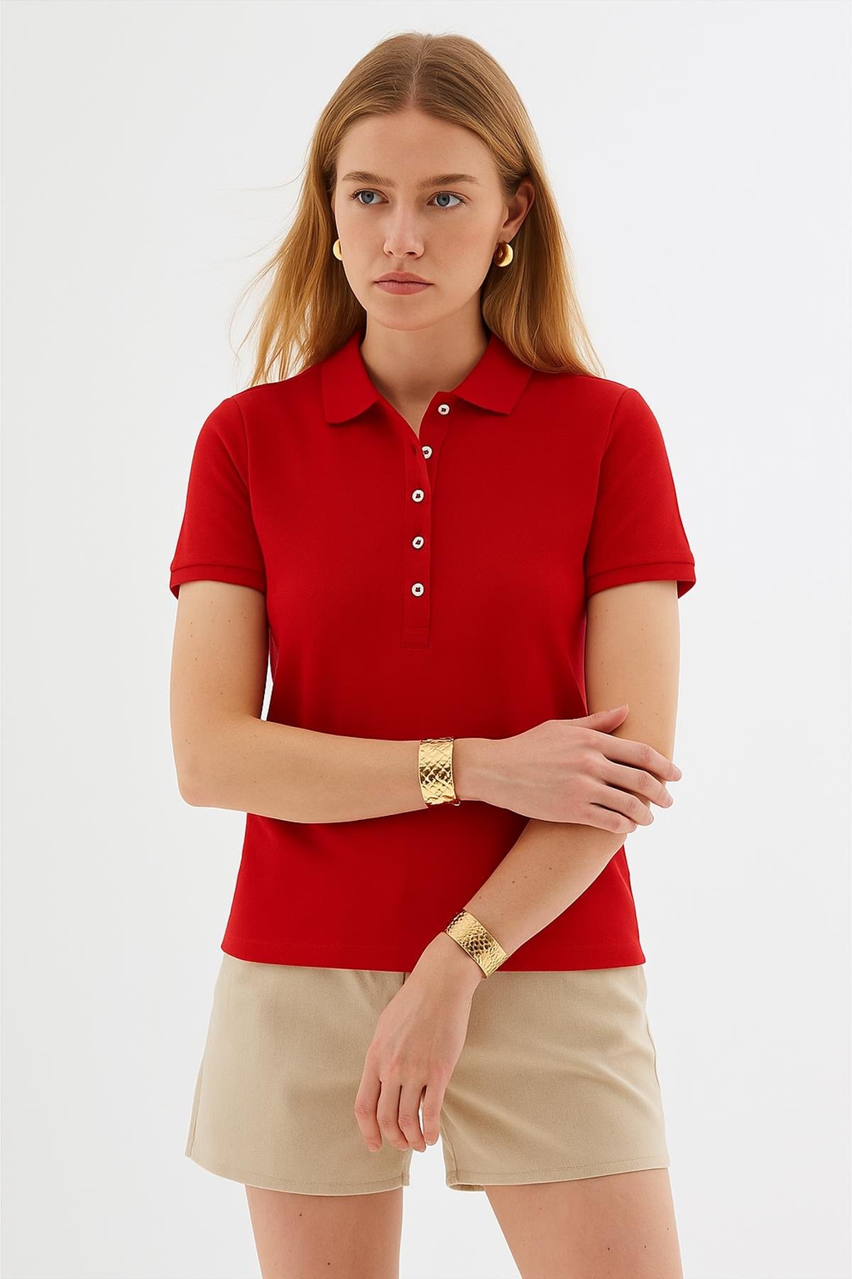Polo Yaka Kısa Kollu Esnek Pamuklu Tişört Kırmızı | Fashion Friends