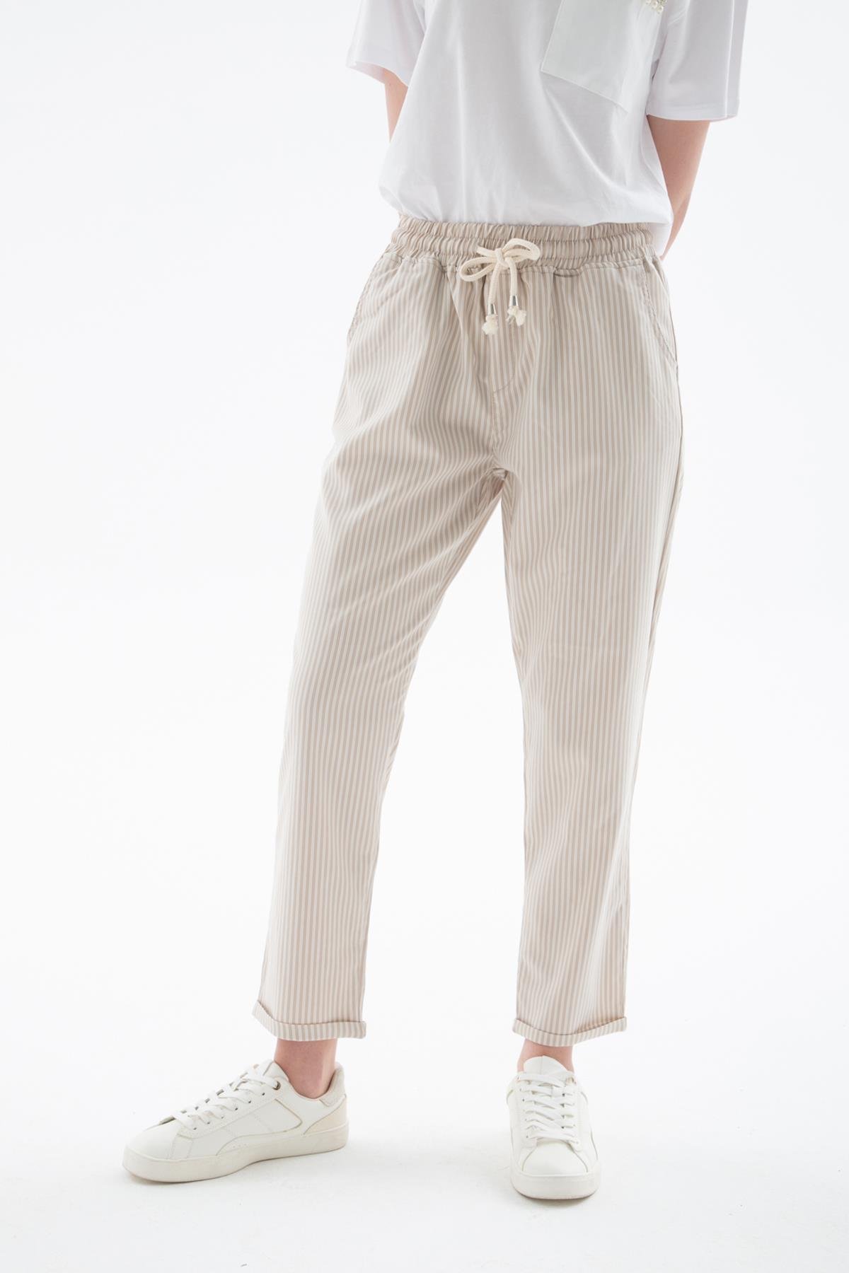 Rahat Lastikli Çizgili Pantolon Bej | Fashion Friends