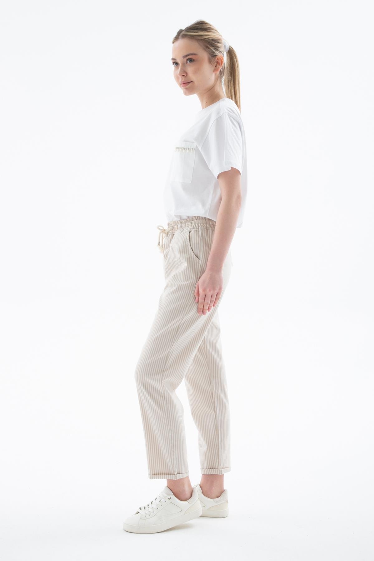 Rahat Lastikli Çizgili Pantolon Bej | Fashion Friends