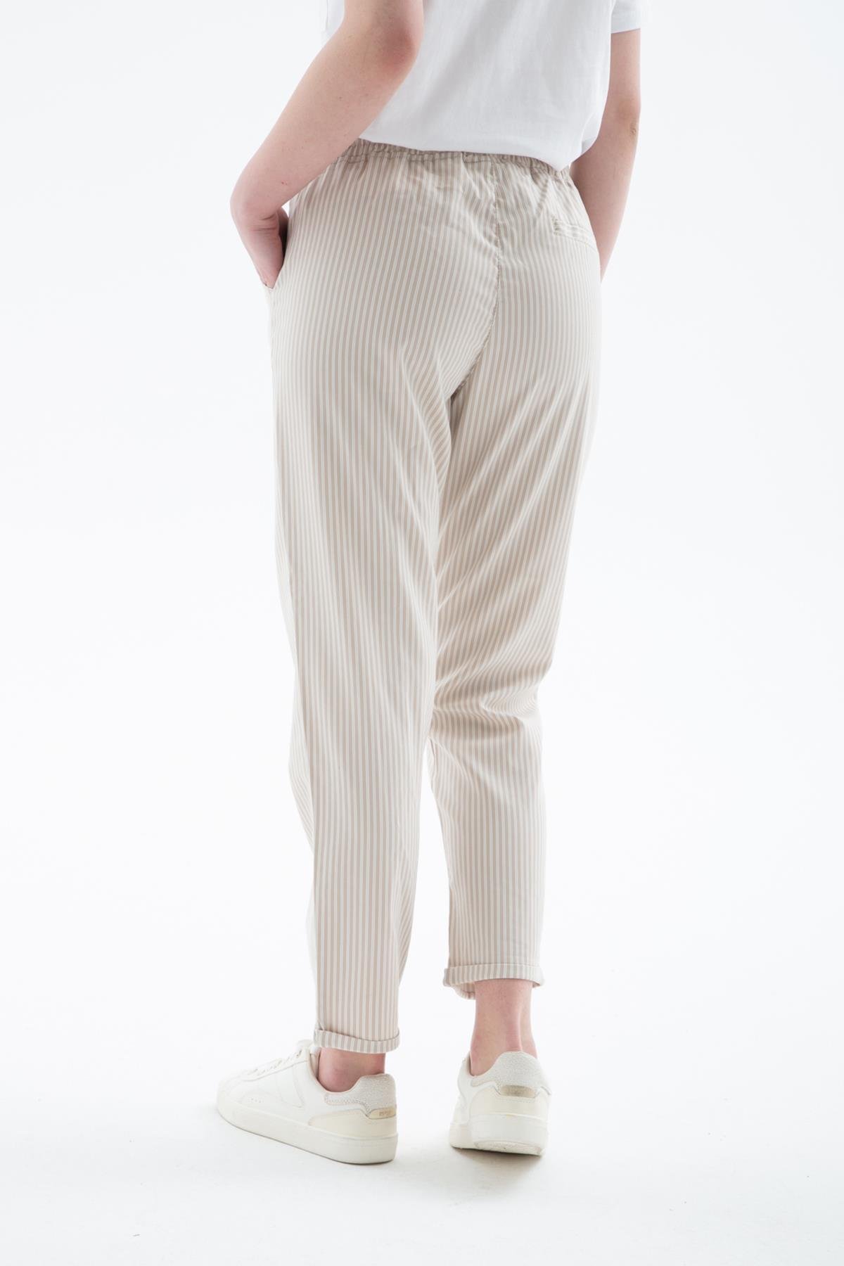 Rahat Lastikli Çizgili Pantolon Bej | Fashion Friends
