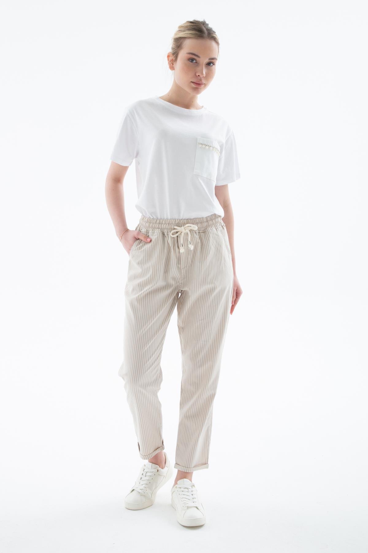 Rahat Lastikli Çizgili Pantolon Bej | Fashion Friends