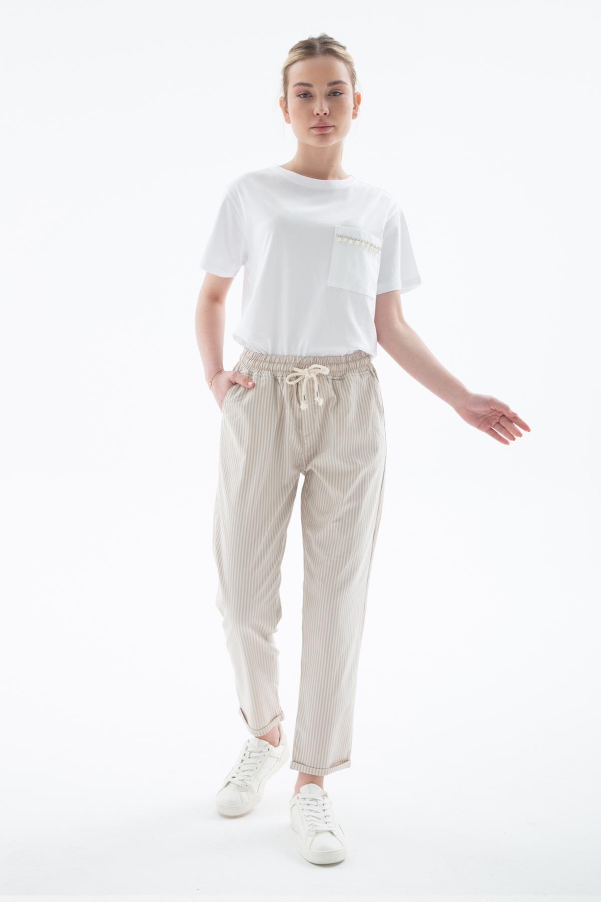 Rahat Lastikli Çizgili Pantolon Bej | Fashion Friends