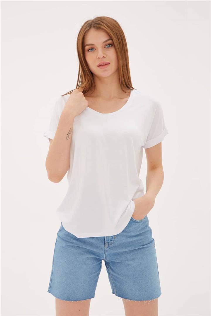 V Yaka T-Shirt Beyaz | Fashion Friends