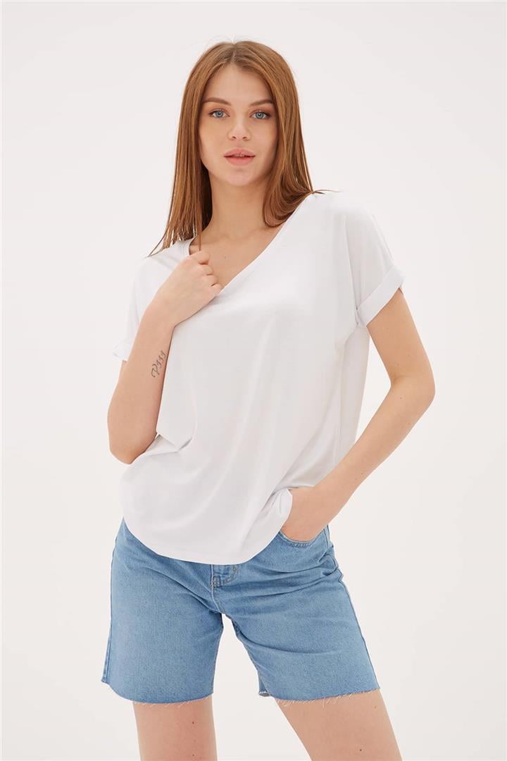 V Yaka T-Shirt Beyaz | Fashion Friends