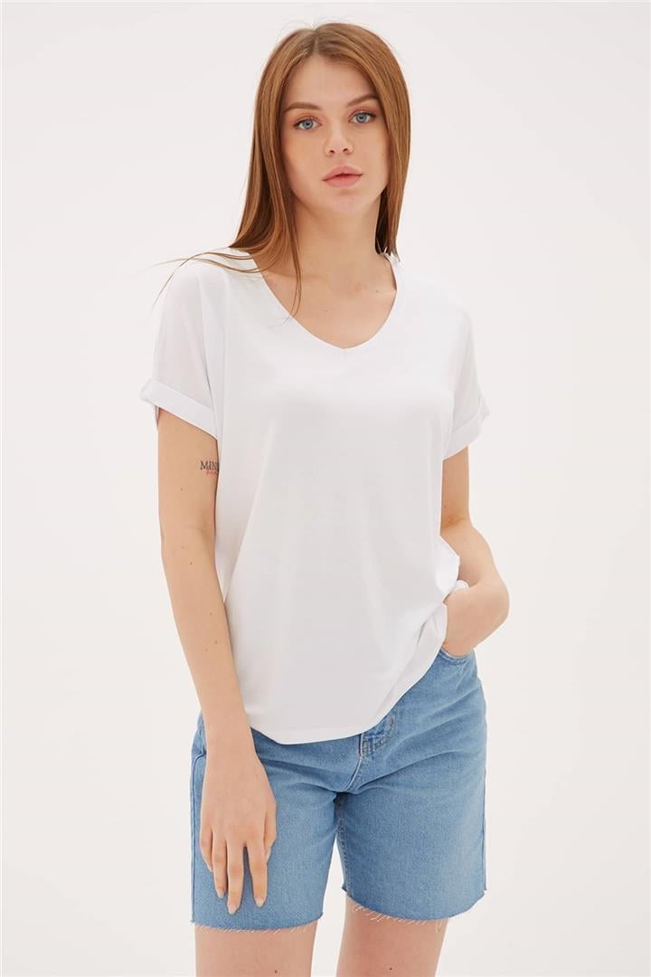 V Yaka T-Shirt Beyaz | Fashion Friends