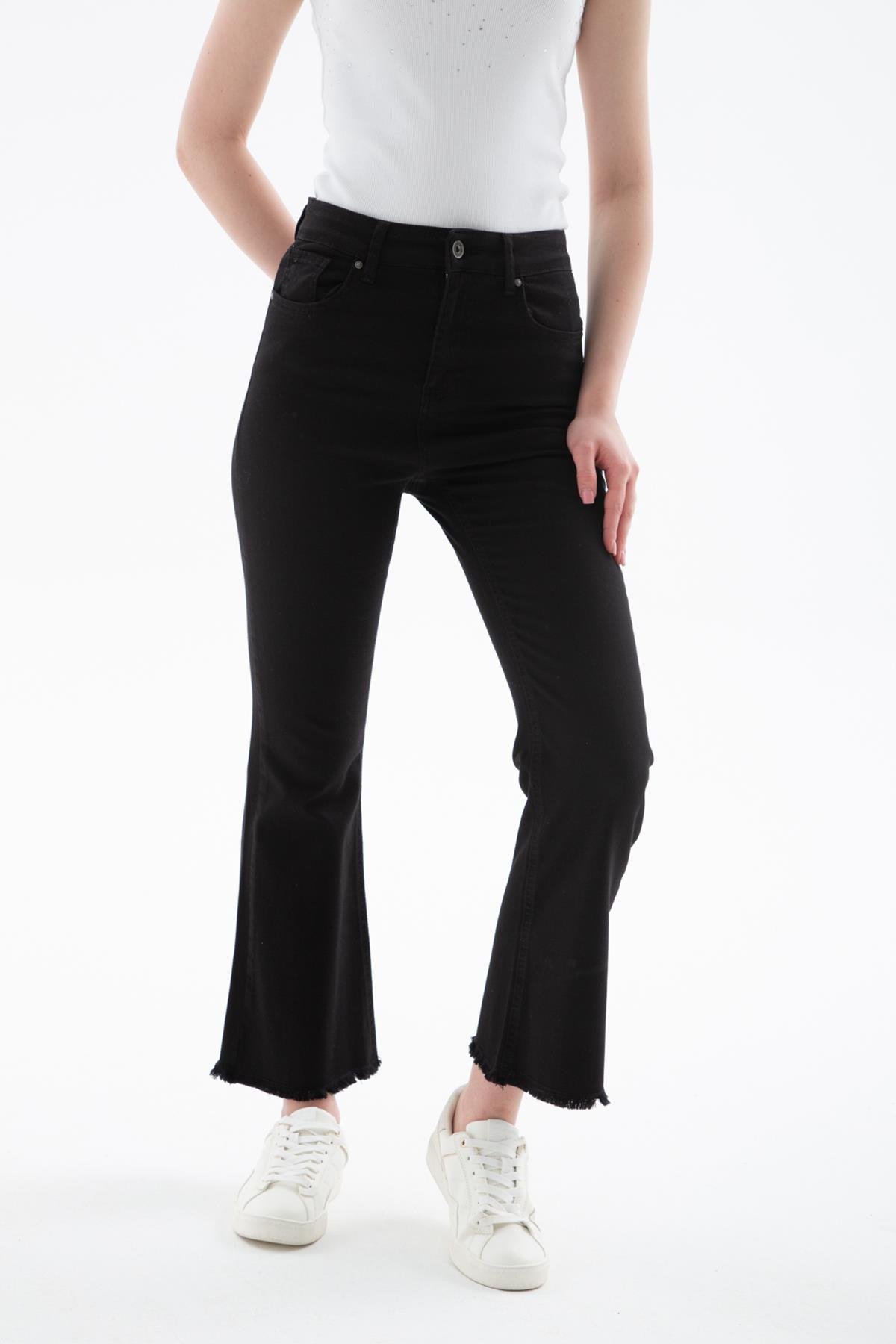 Yüksel Bel İspanyol Paça Esnek Crop Flare Denim Pantolon Siyah | Fashion Friends