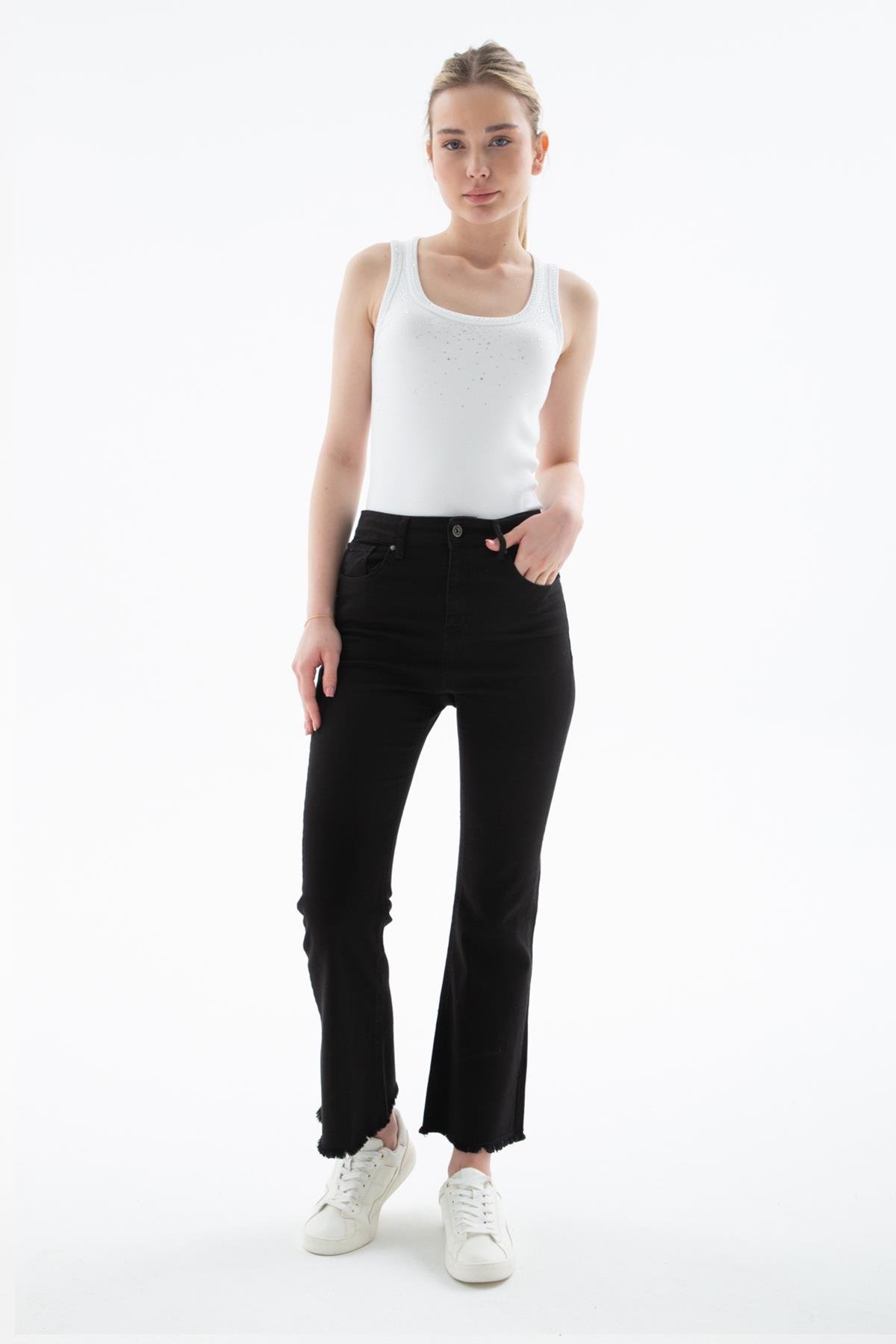 Yüksel Bel İspanyol Paça Esnek Crop Flare Denim Pantolon Siyah | Fashion Friends