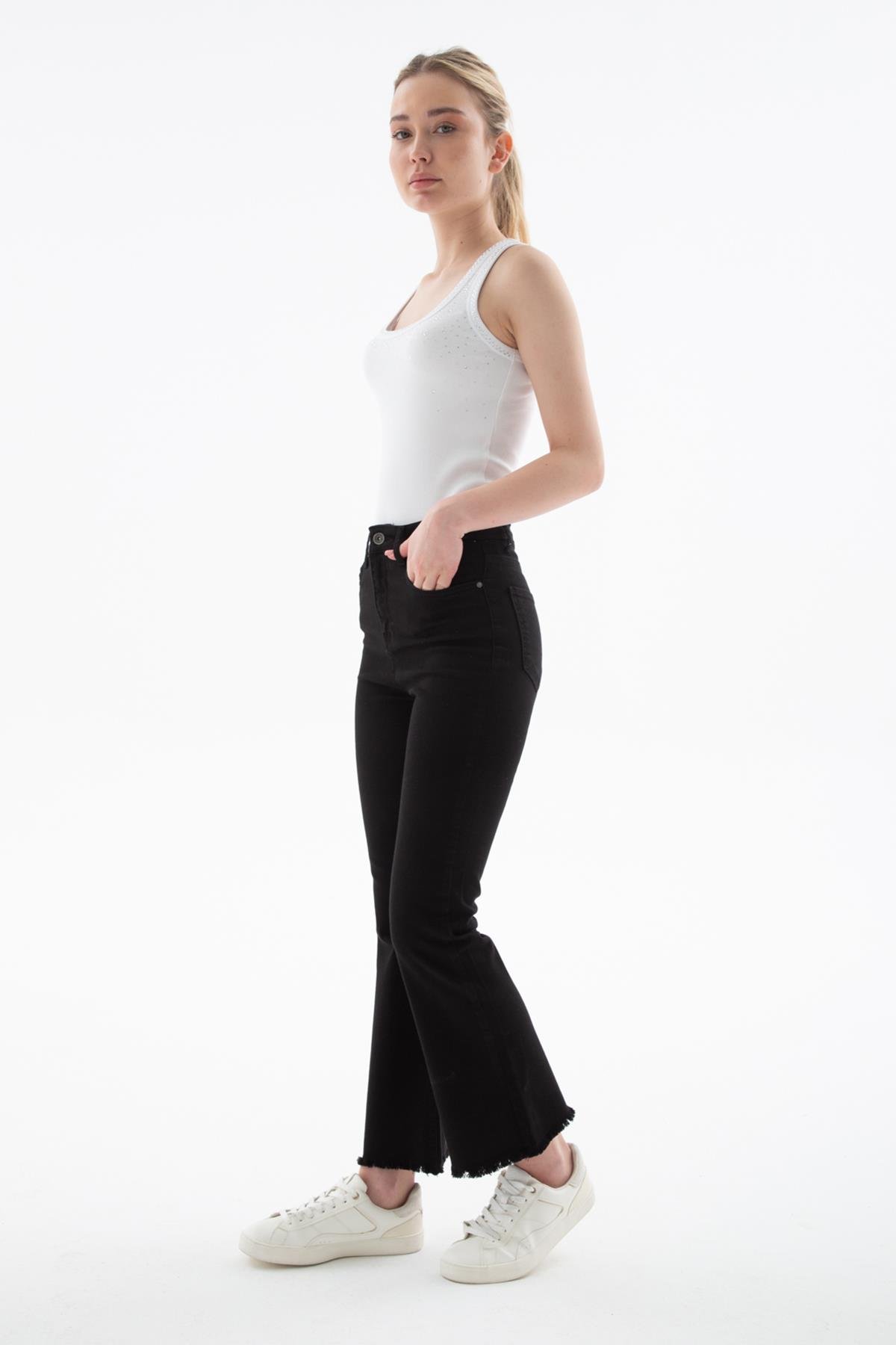 Yüksel Bel İspanyol Paça Esnek Crop Flare Denim Pantolon Siyah | Fashion Friends