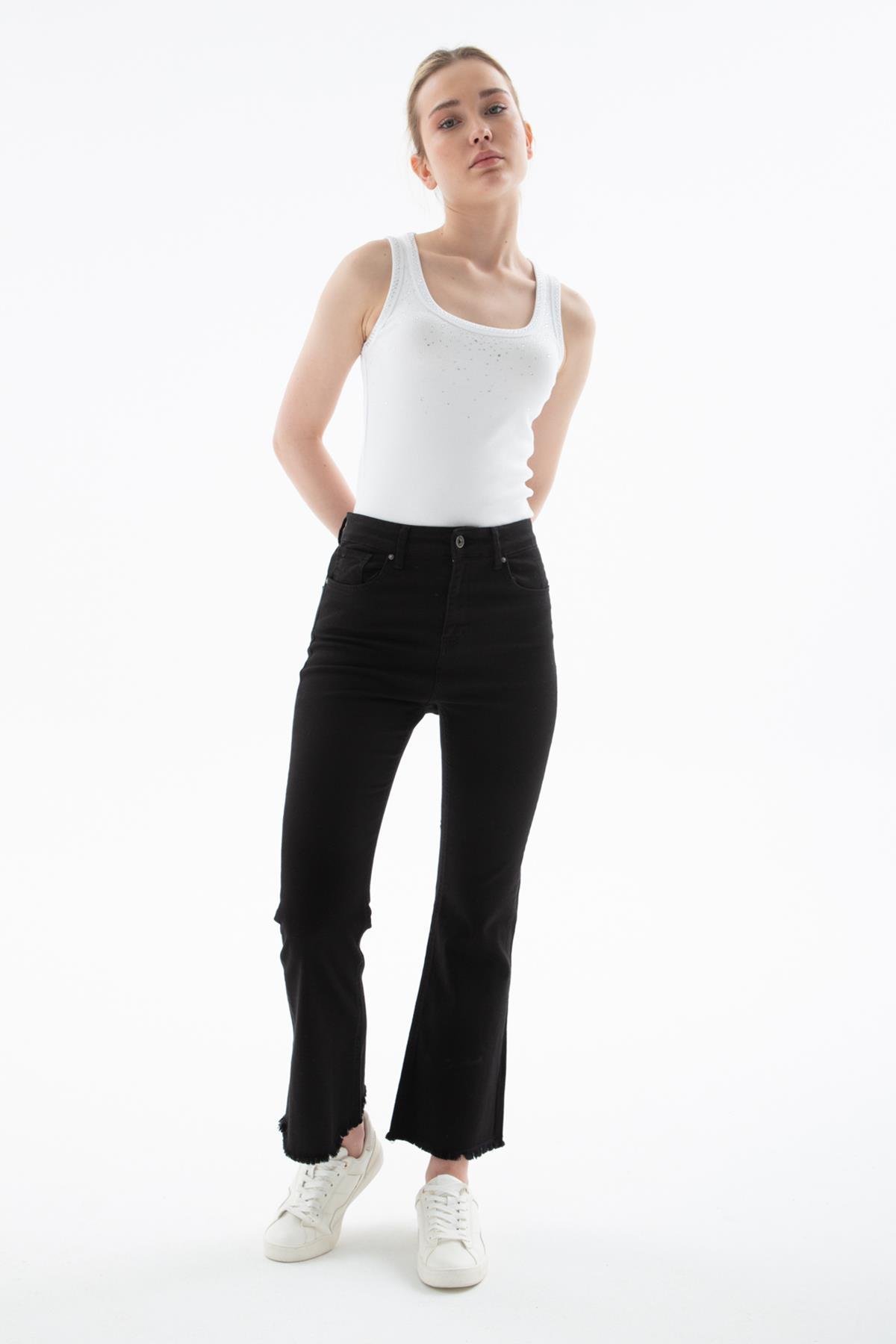 Yüksel Bel İspanyol Paça Esnek Crop Flare Denim Pantolon Siyah | Fashion Friends