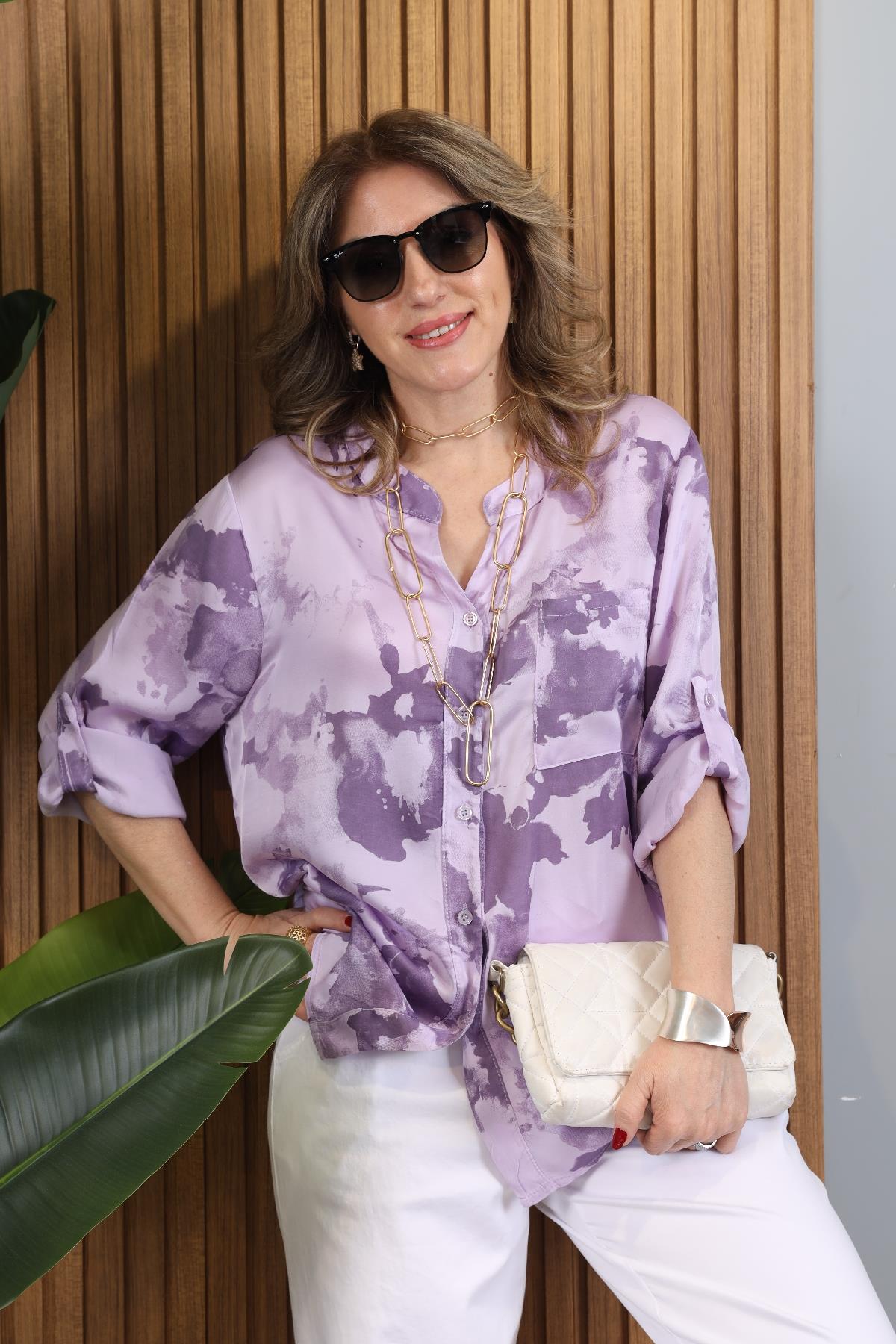 Batik Desen İthal Saten Lila Gömlek