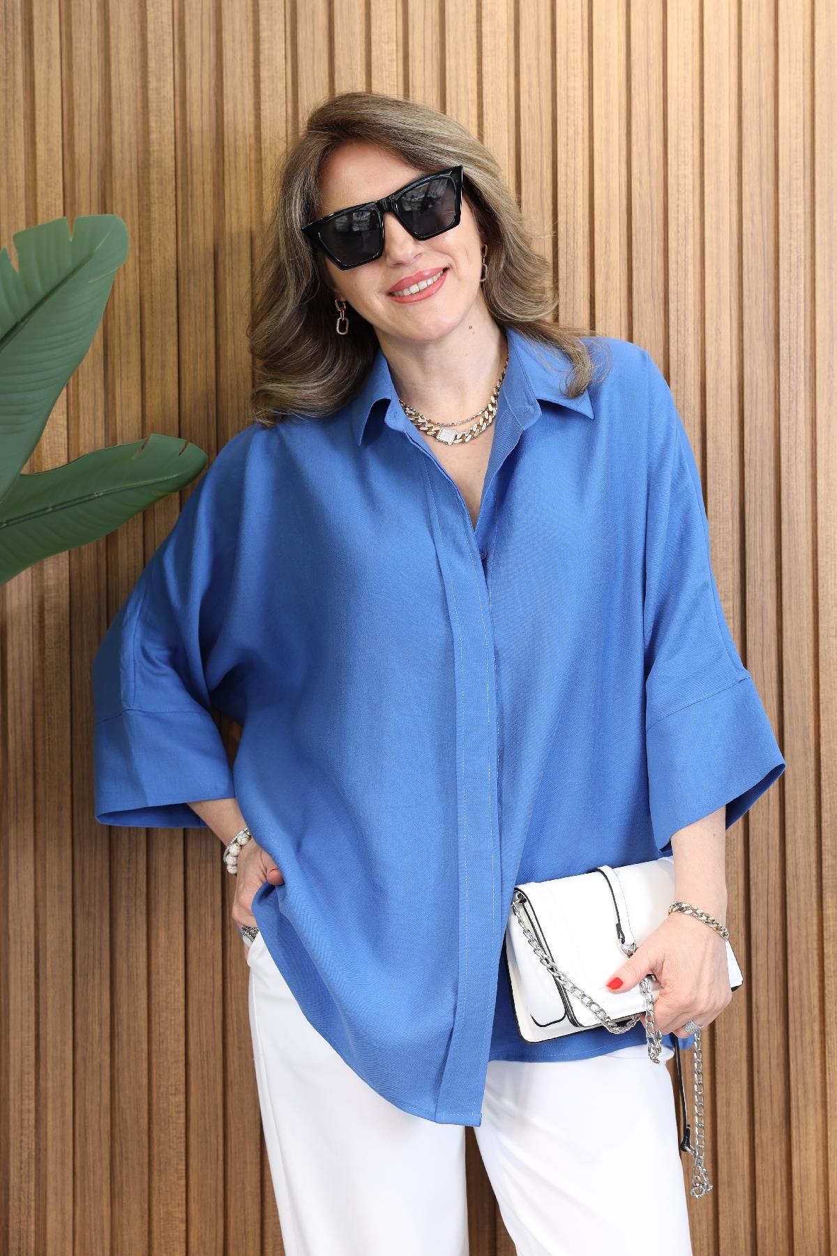 Fakir Kol Oversize Saks Mavi Gömlek