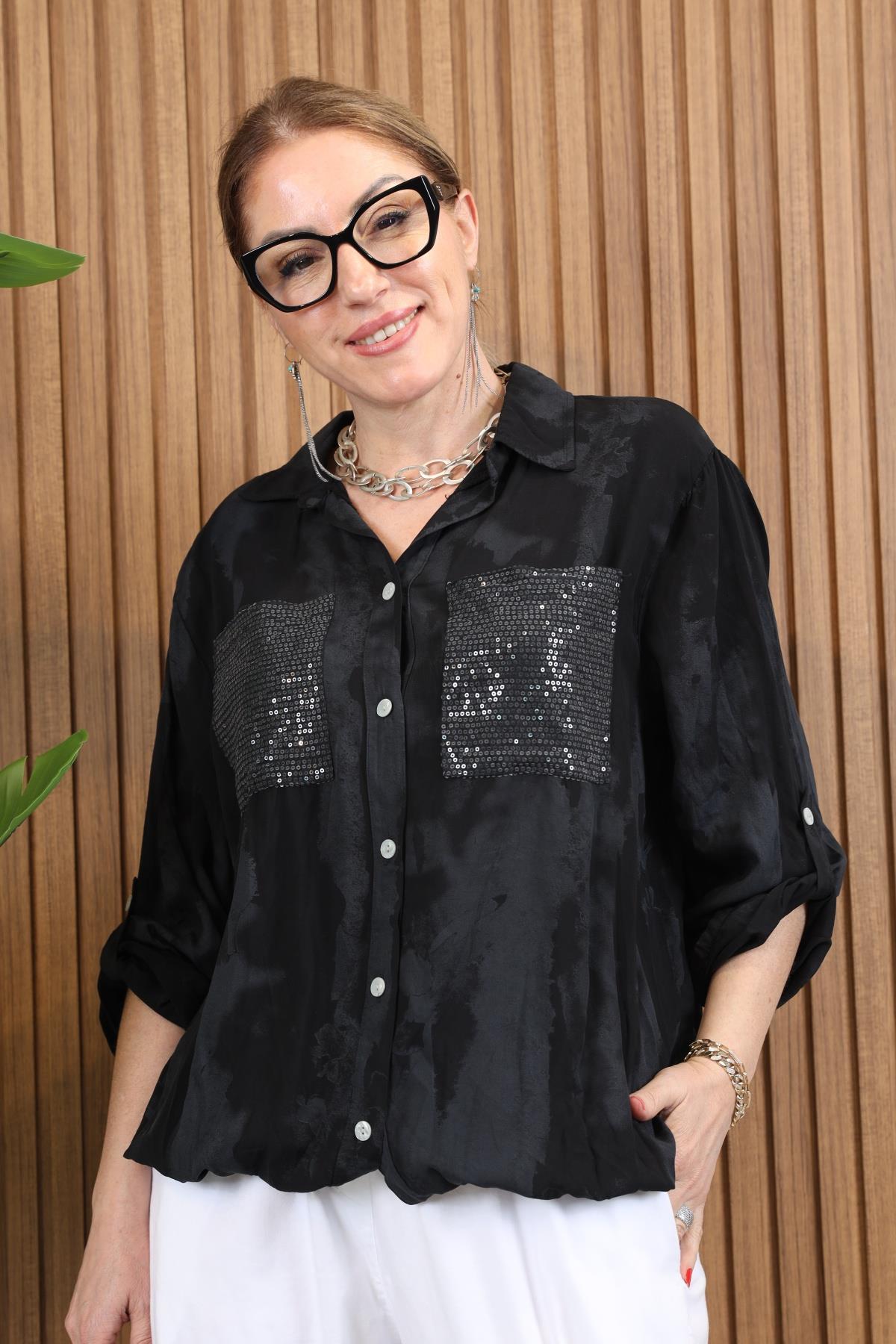 İthal Batik Desen Pul Cep Siyah Gömlek