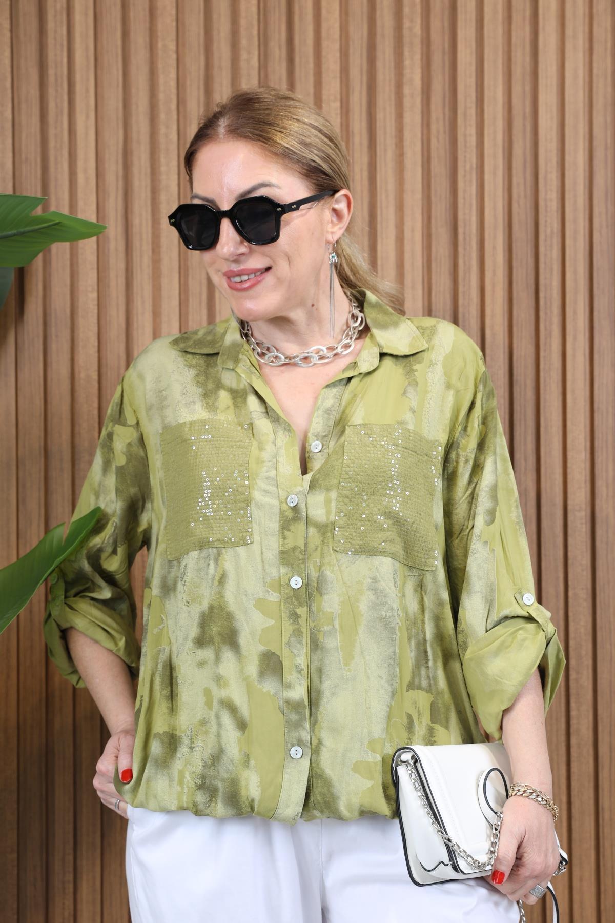 İthal Batik Desen Pul Cep Yağ Yeşili Gömlek