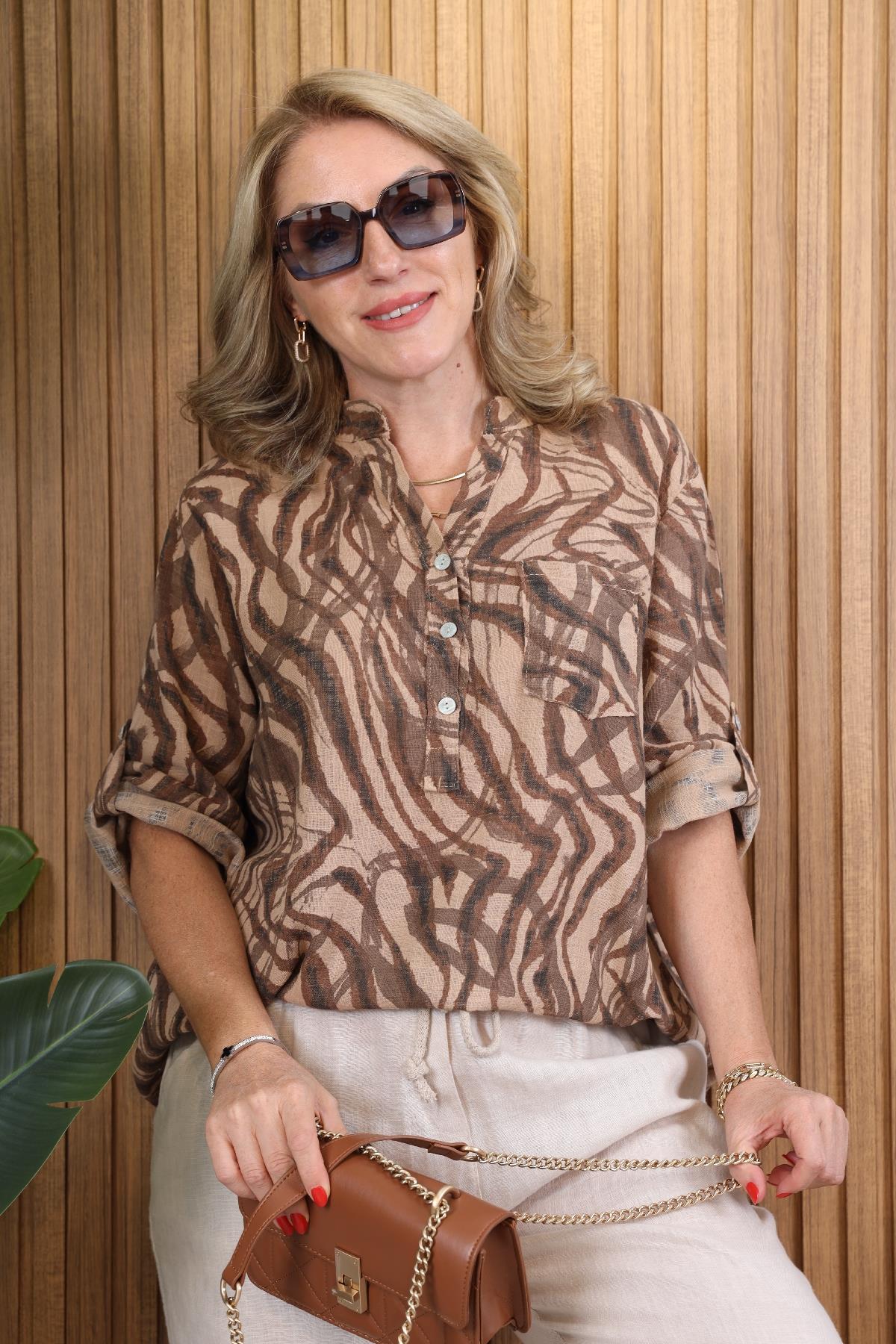 İthal Batik Zebra Desen Cappuccıno Gömlek