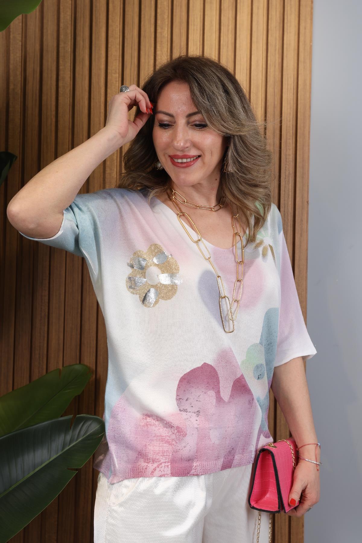 İthal Çiçek Desen Lila Triko