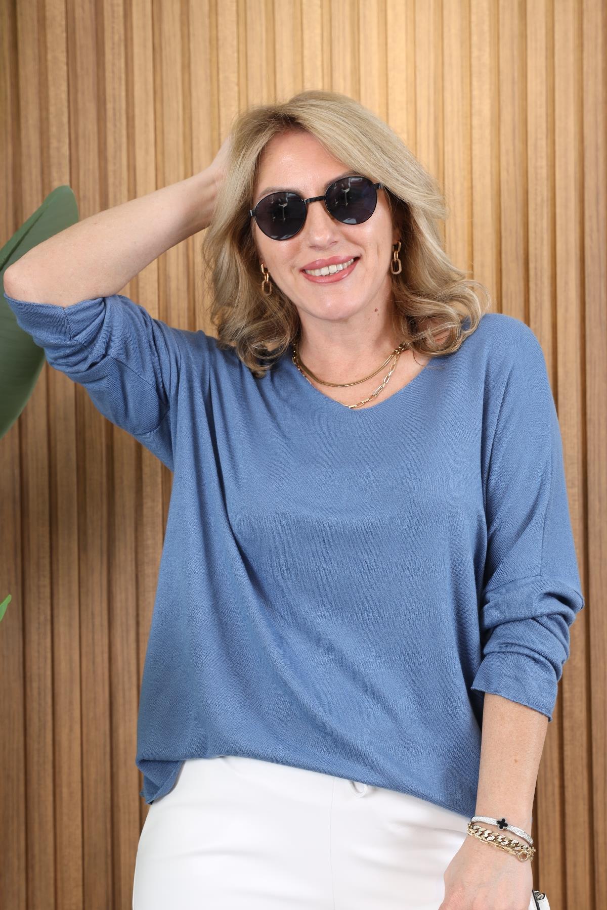 İthal Düz Desen Angora İndigo Bluz