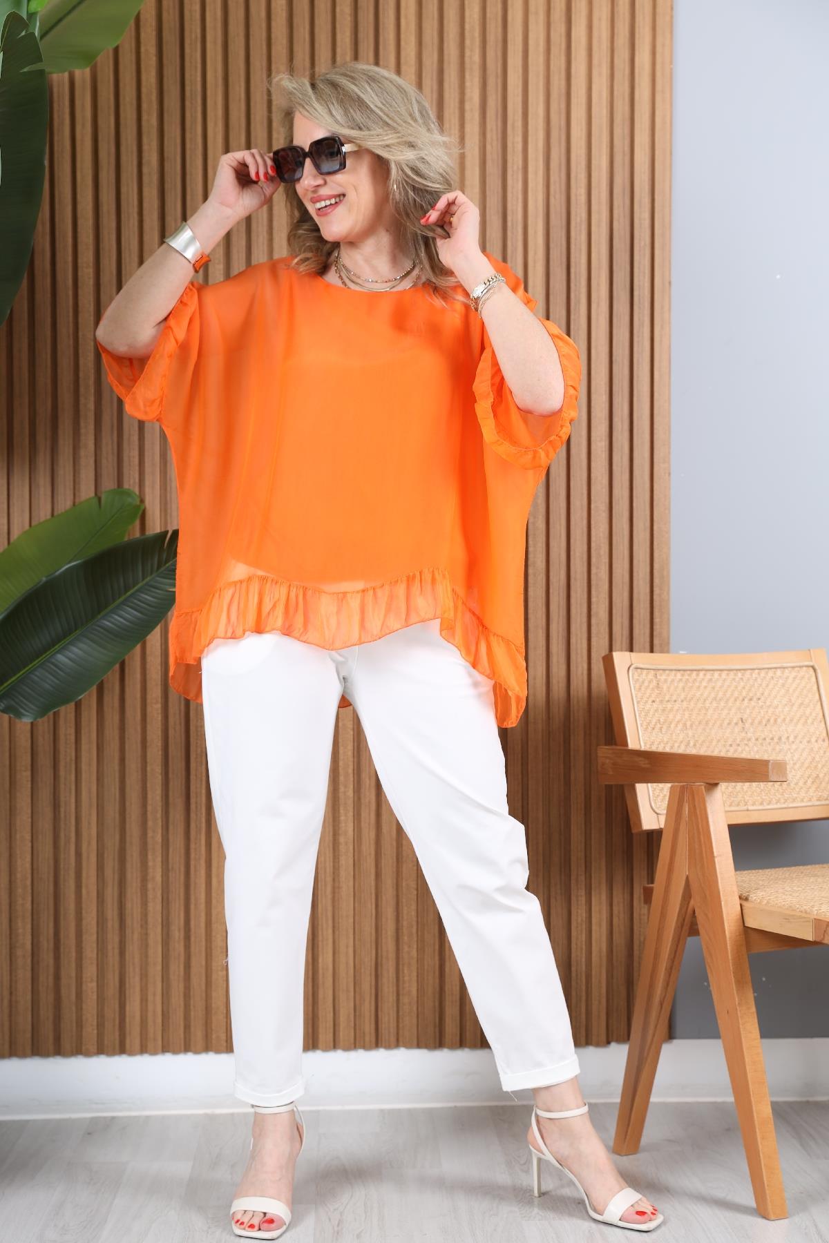 İthal İpek Kısa Kol Orange Bluz