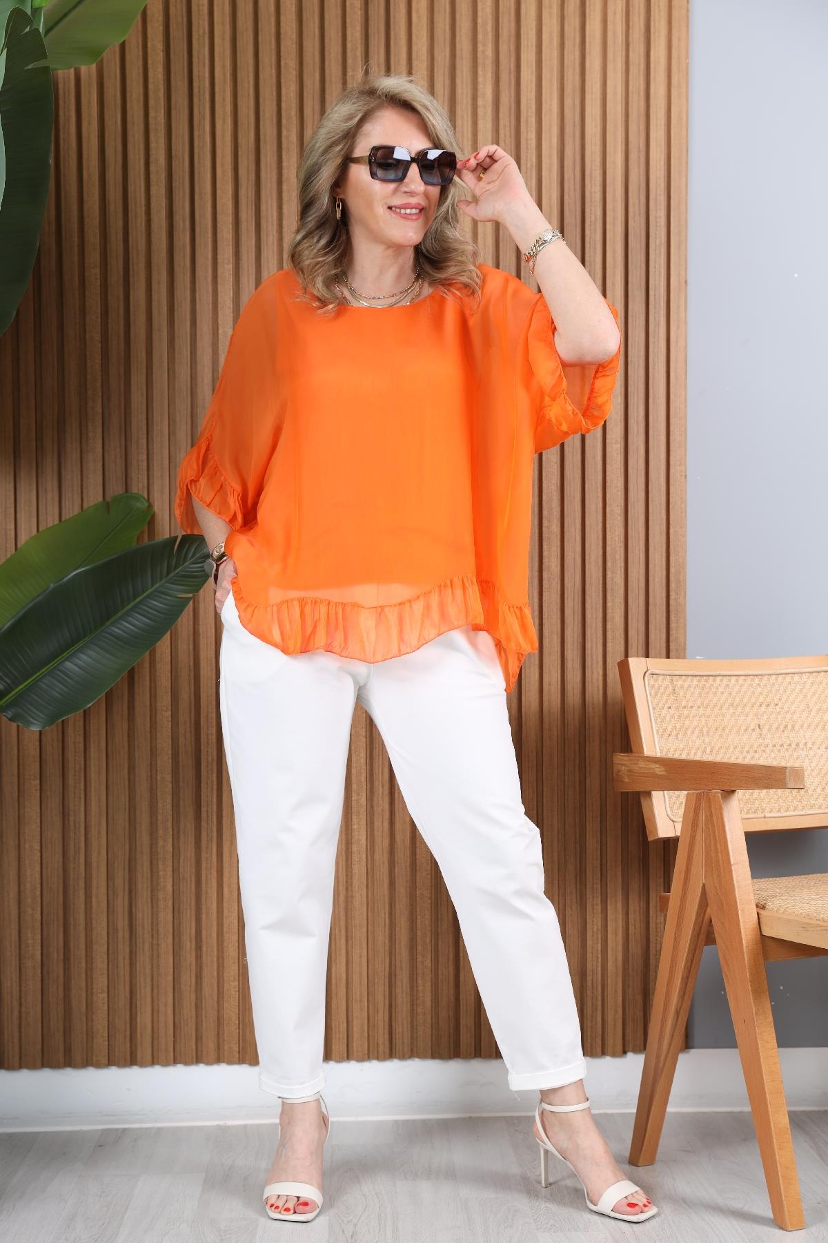 İthal İpek Kısa Kol Orange Bluz