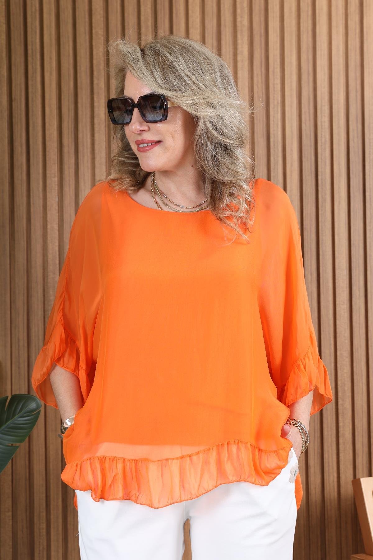 İthal İpek Kısa Kol Orange Bluz