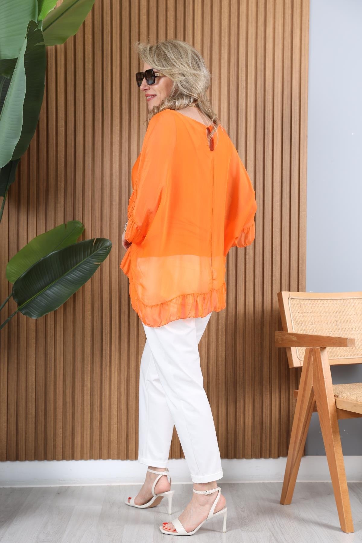 İthal İpek Kısa Kol Orange Bluz