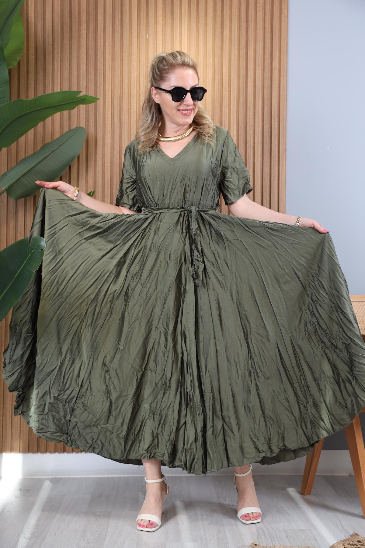 İthal İpek Saten Kırışık Model Haki Elbise
