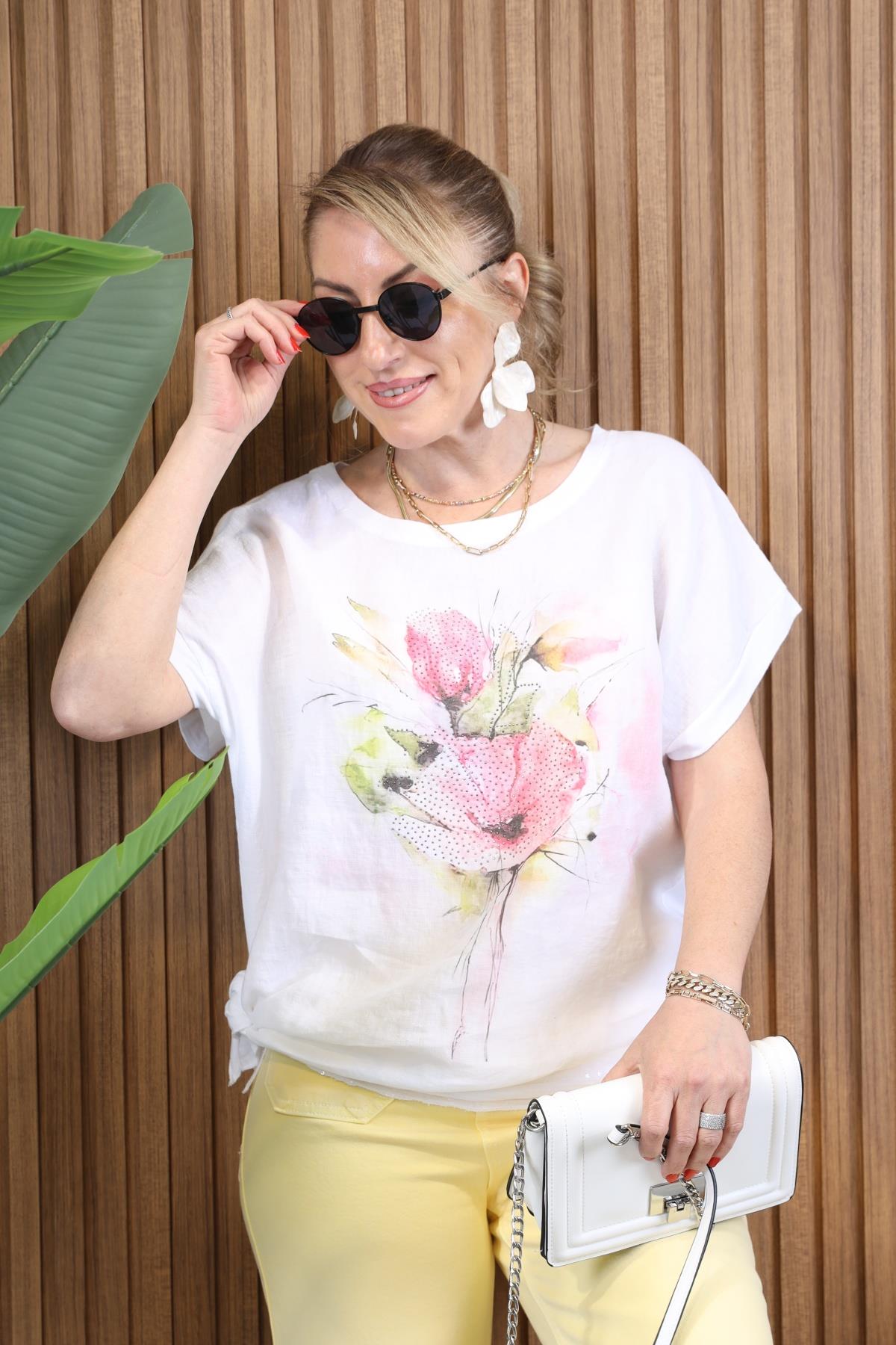 İthal Keten Gelincik Desen Bluz