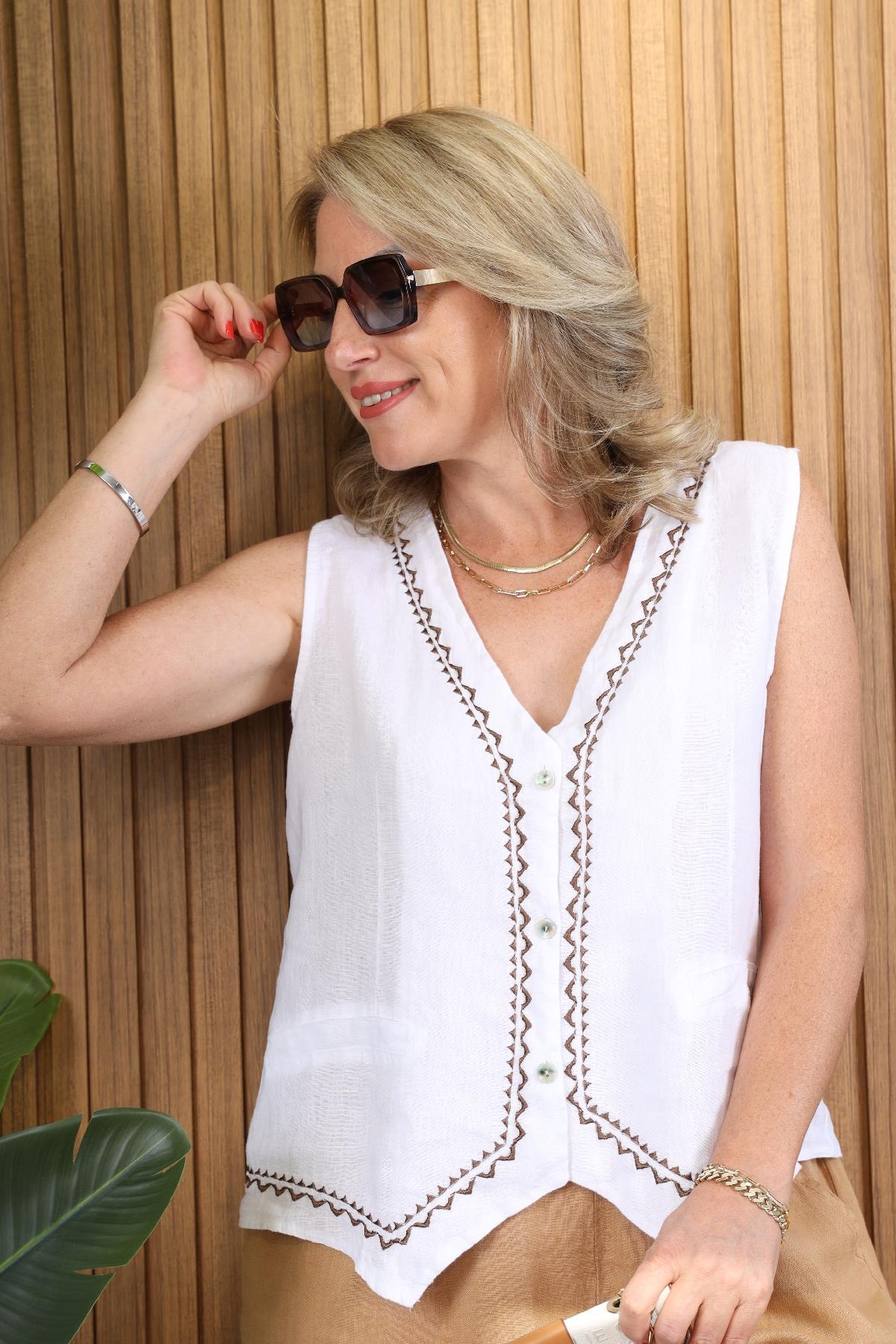 İthal Keten Nakış Model Beyaz Yelek