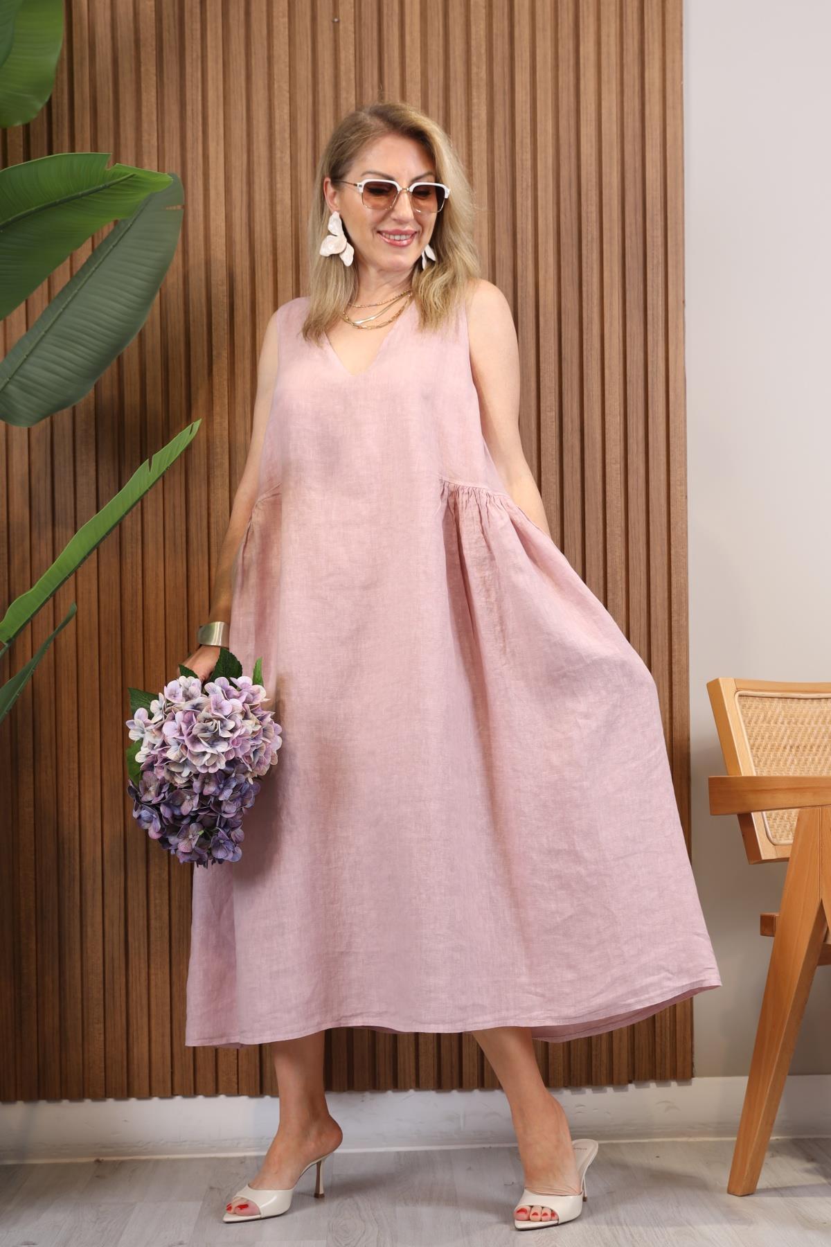 İthal Keten Oversize Pudra Elbise