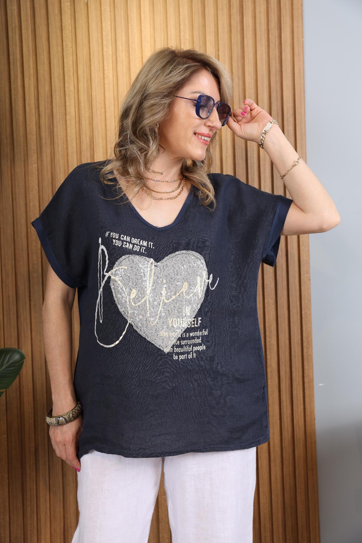 İthal Keten Pul Kalp Desen Kısa Kol Lacivert Bluz