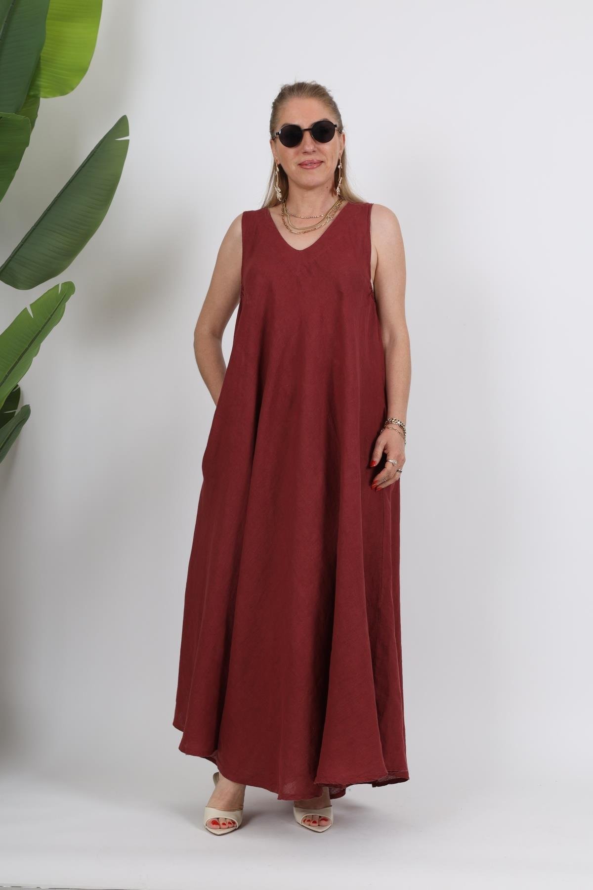 İthal Keten V Yaka Bordo Elbise