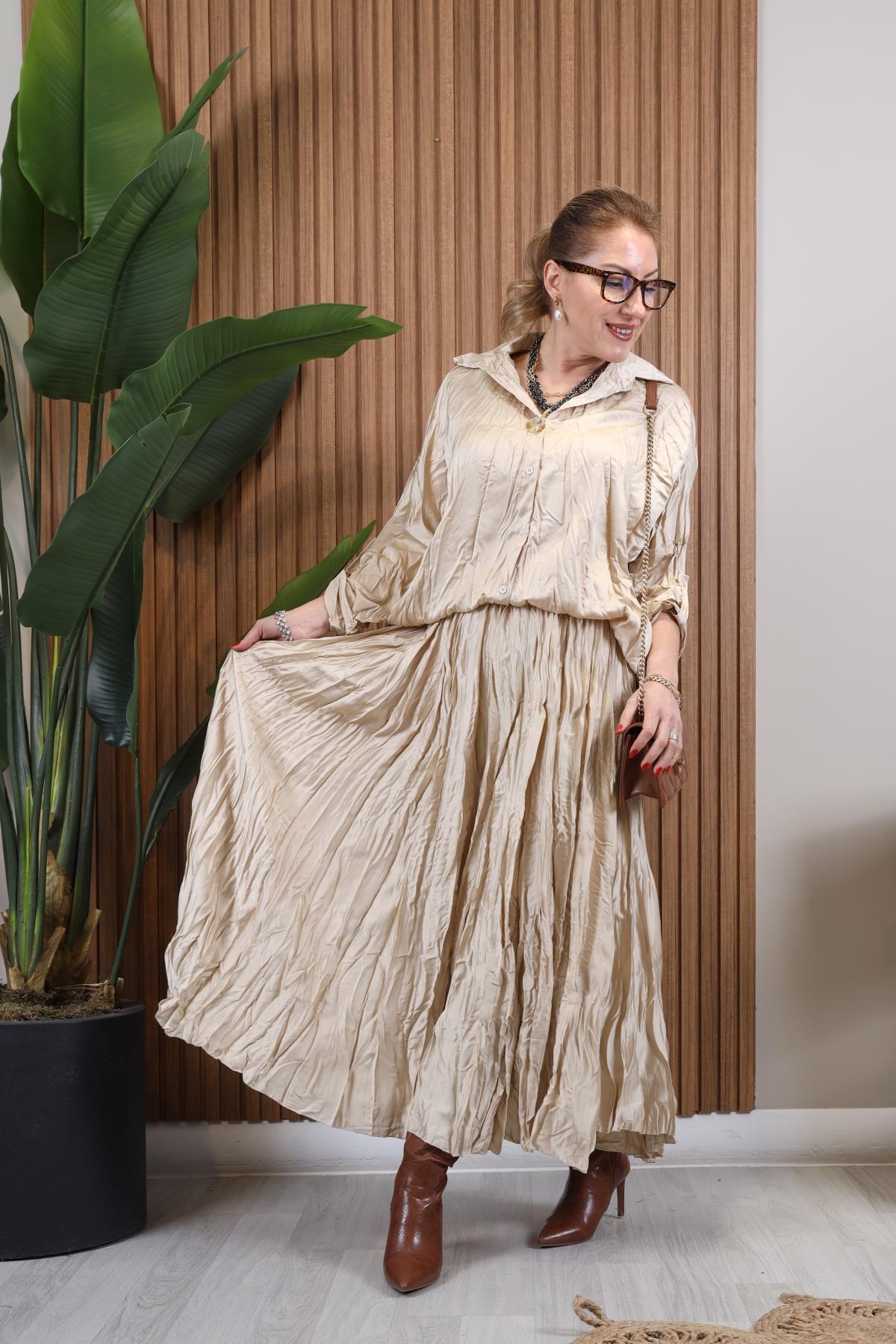 İthal Kırışık Model Bej Takım