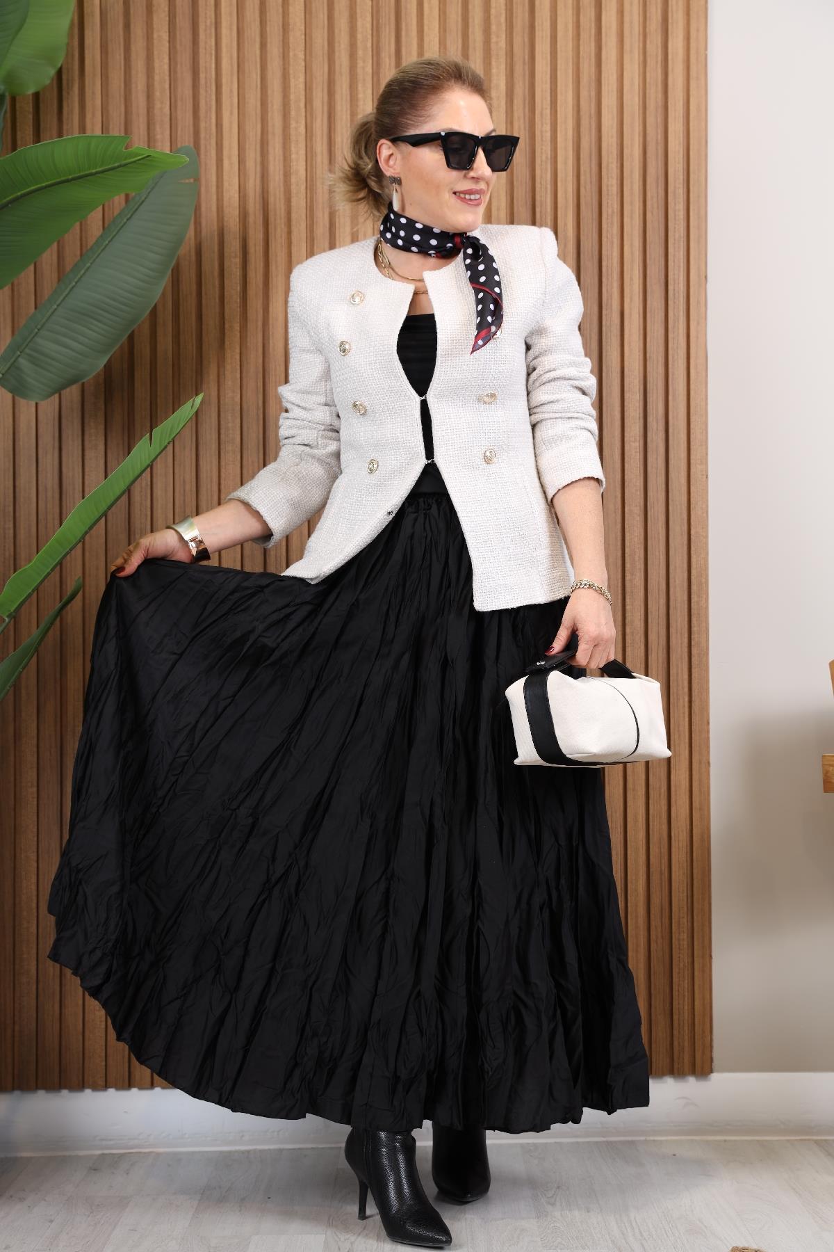 İthal Kırışık Model Siyah Saten Etek