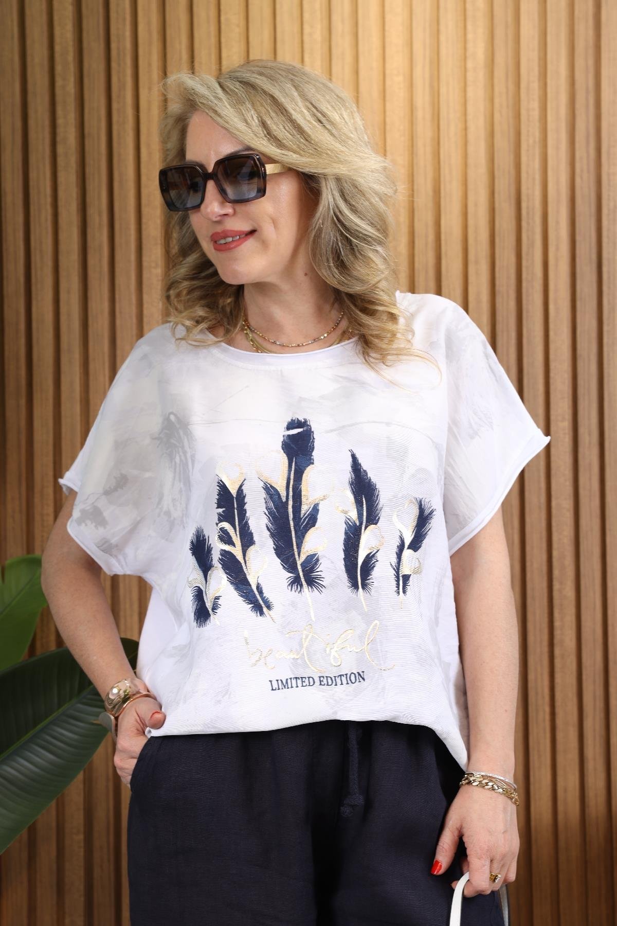 İthal Parlak Baskı Beyaz Bluz