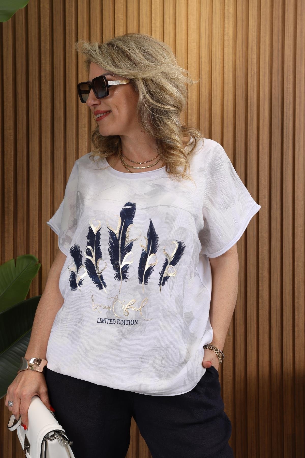 İthal Parlak Baskı Beyaz Bluz