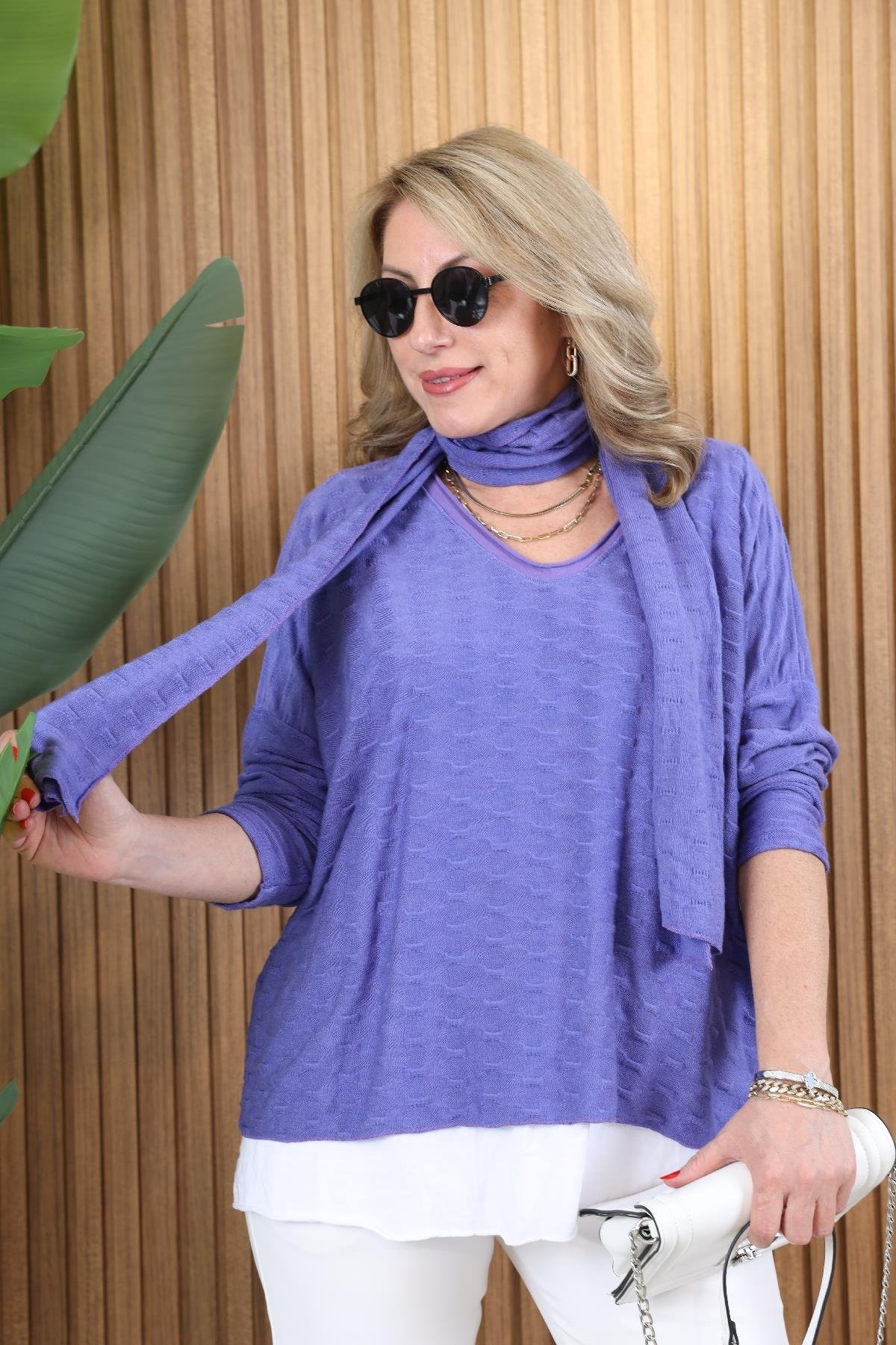 İthal Şal Detay Mor Bluz