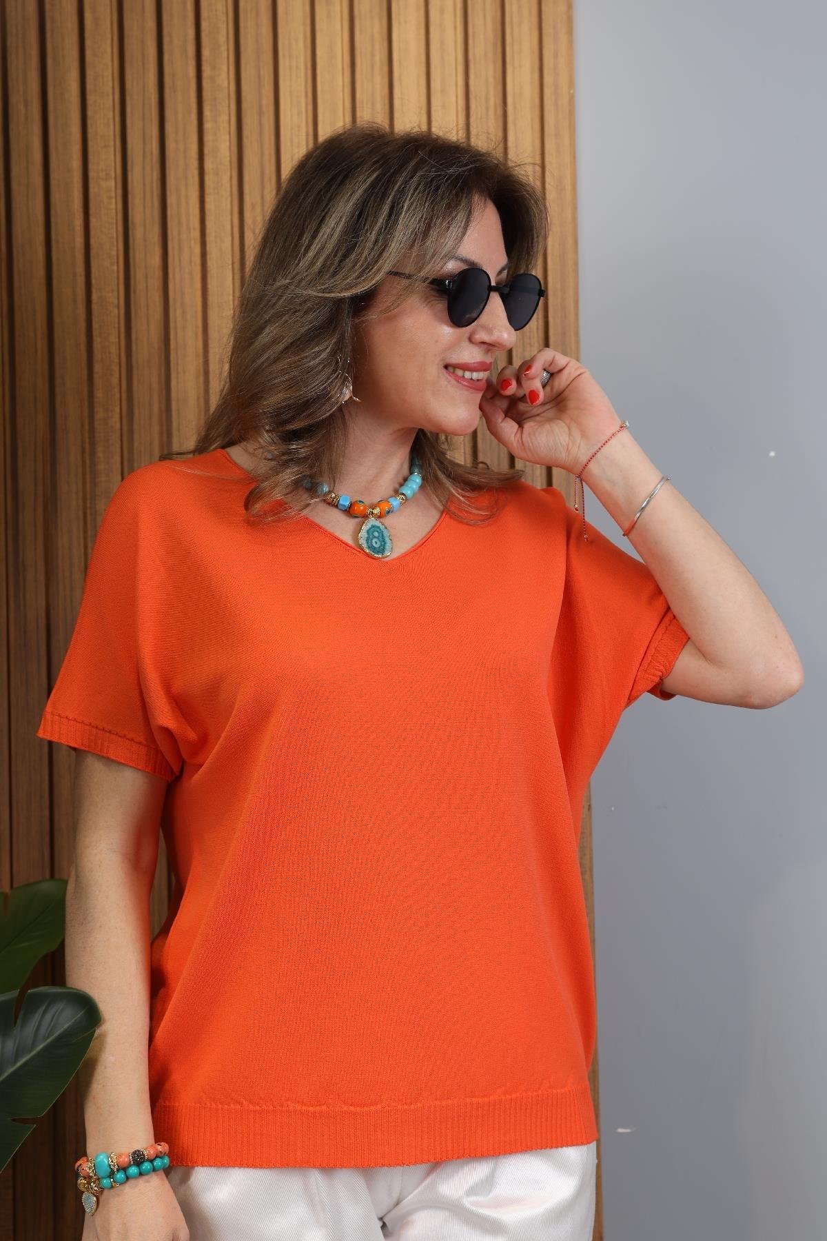 İthal V Yaka Orange Triko